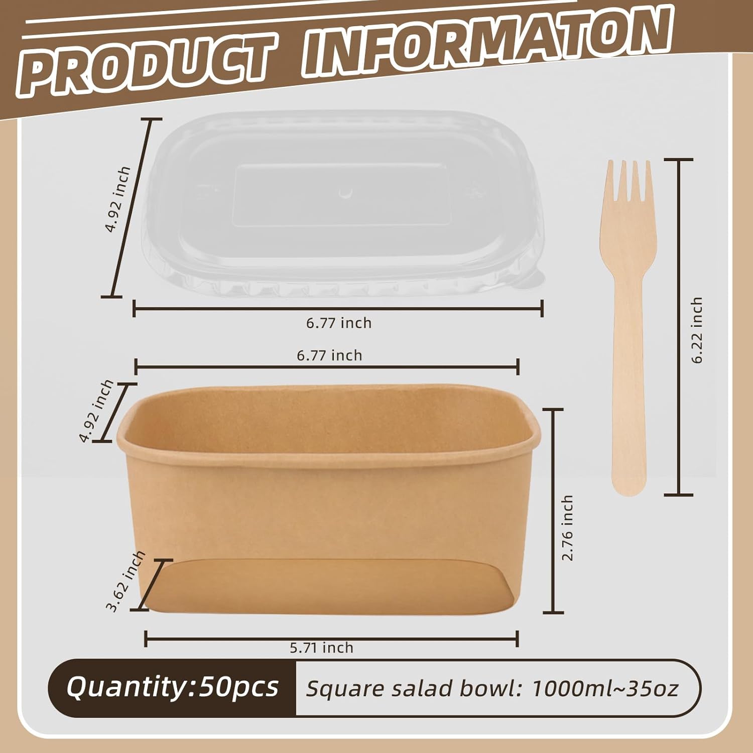 50 Pack 35 oz Paper Food Containers with Lids, Meal Prep Containers Disposable Large Paper Bowls, Microwavable and Freezer Storage Use Cardboard Food Containers