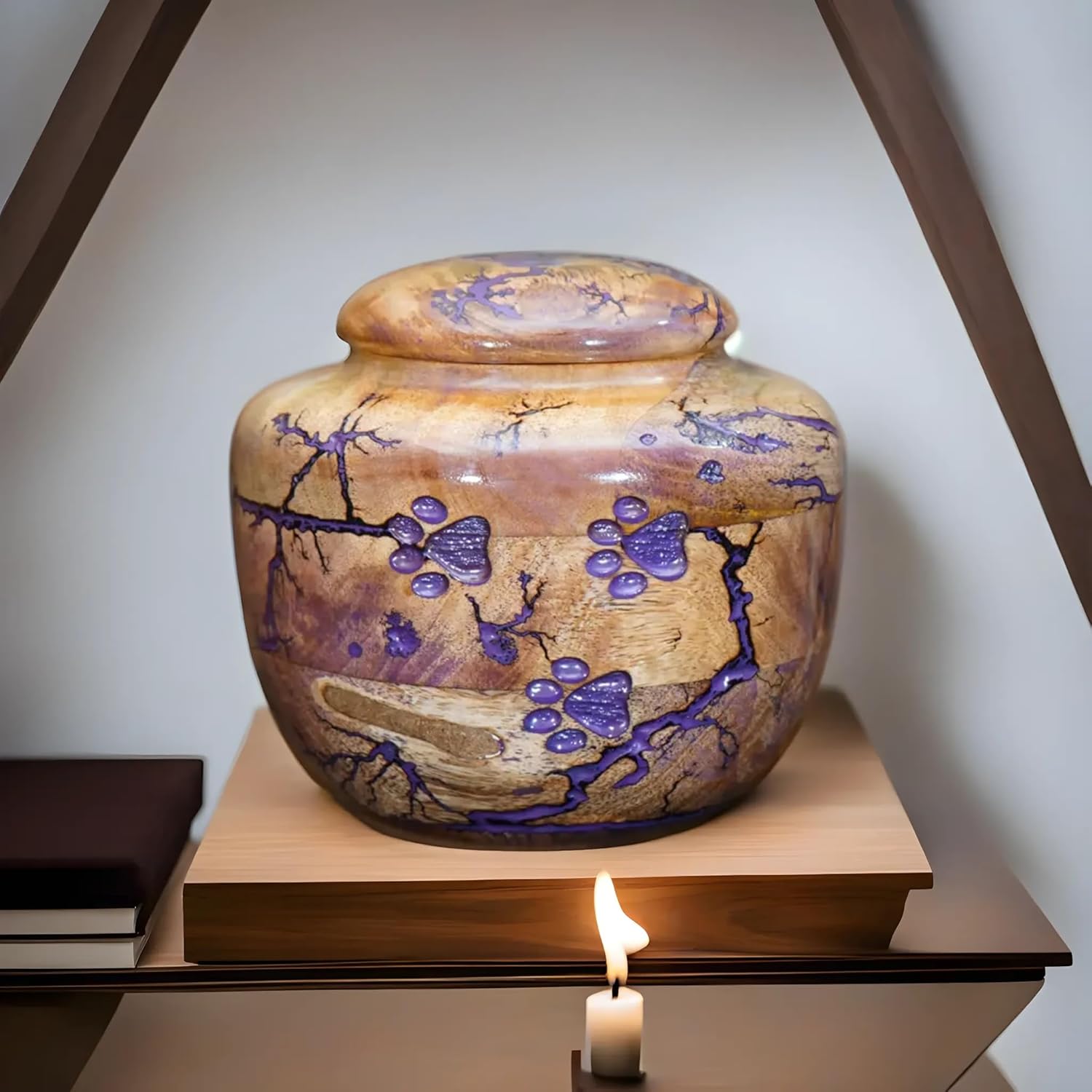 Woodland CraftworkSmall Mango Wood Pet Urn for Dog or Cat Ashes, 10 Cubic Inch Decorative Memorial Box with Purple Resin Accent, Animal Remembrance Keepsake