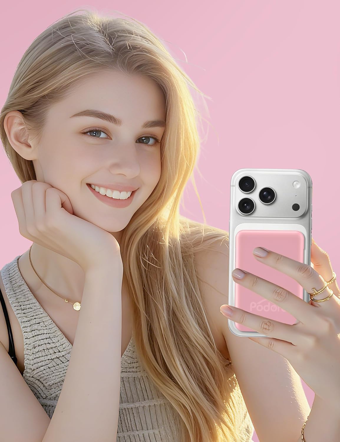 podoru for Magsafe Battery Pack, 10000mAh Magnetic Power Bank Built-in Double USB C Cables 20W PD Fast Charging LED Display Wireless Portable Charger for iPhone 17/16/15/14/13/12 Series-Pink