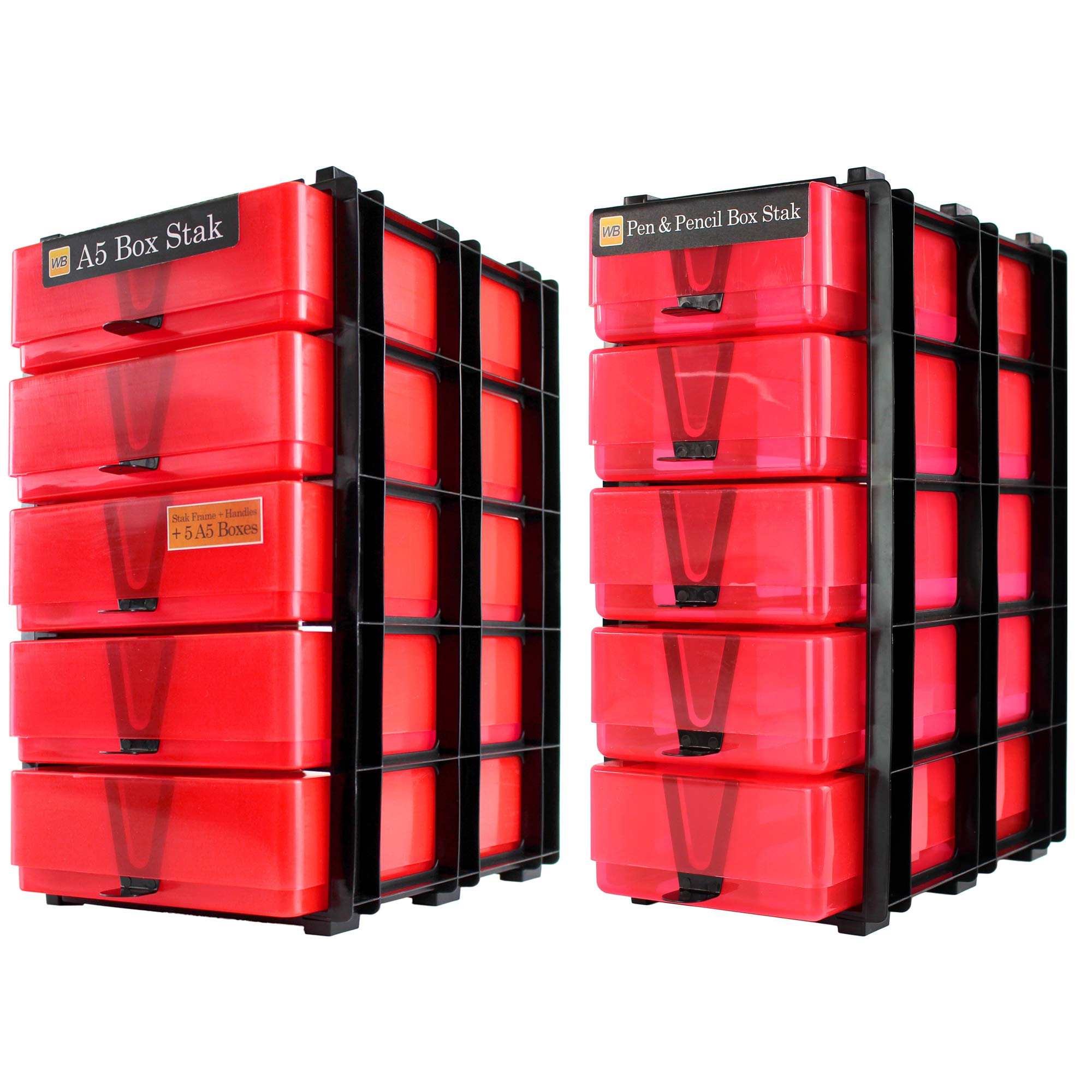 WestonBoxes 2 Stak Storage Pack, Includes A5 Paper Storage Boxes, Pen & Pencil Storage Boxes, Stak Frames and Box Handles, Fits IKEA KALLAX (Red)