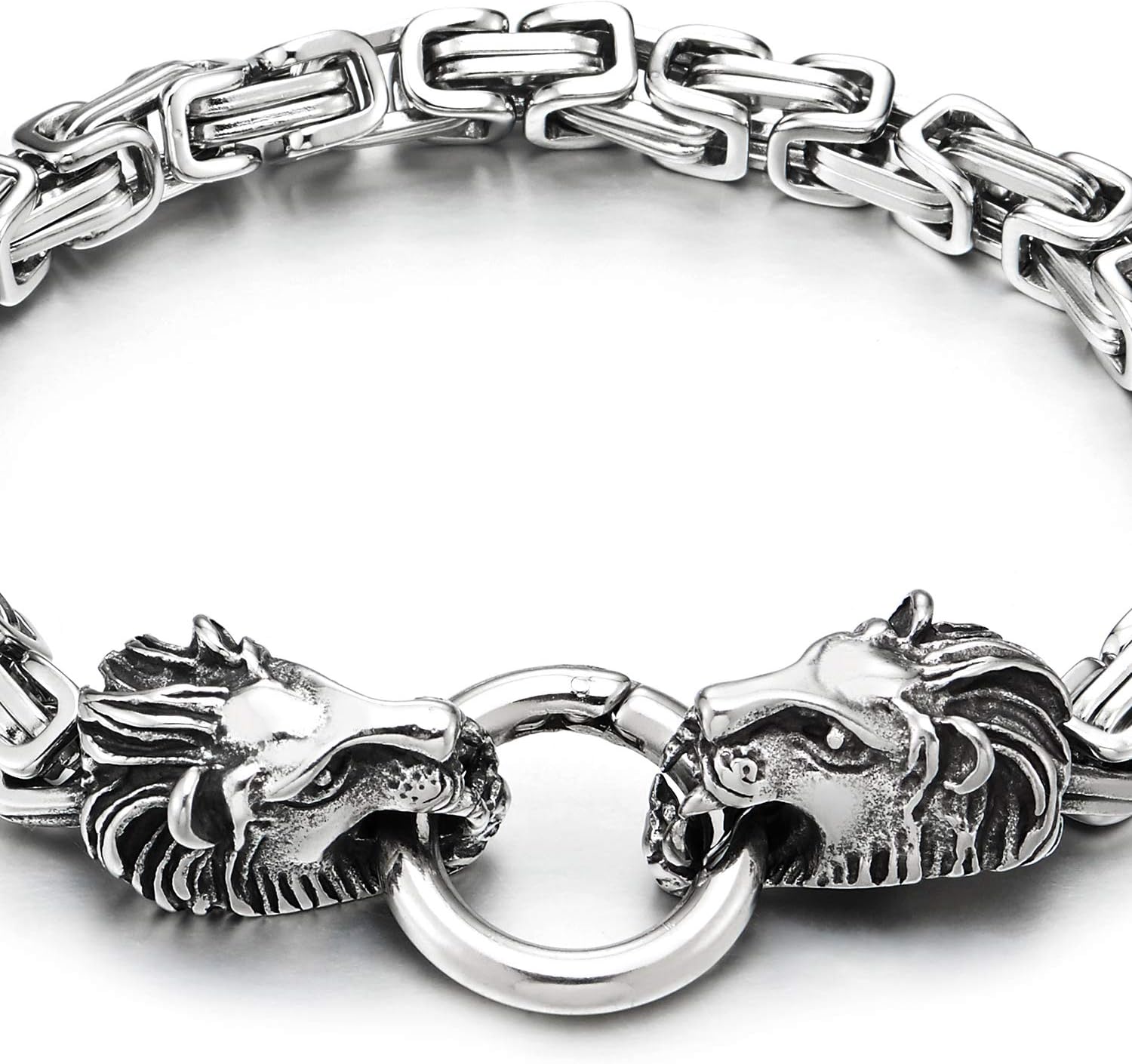COOLSTEELANDBEYOND Mens Stainless Steel Vintage Lion Head Byzantine Chain Bracelet with Spring Ring Clasp 8.5 Inch