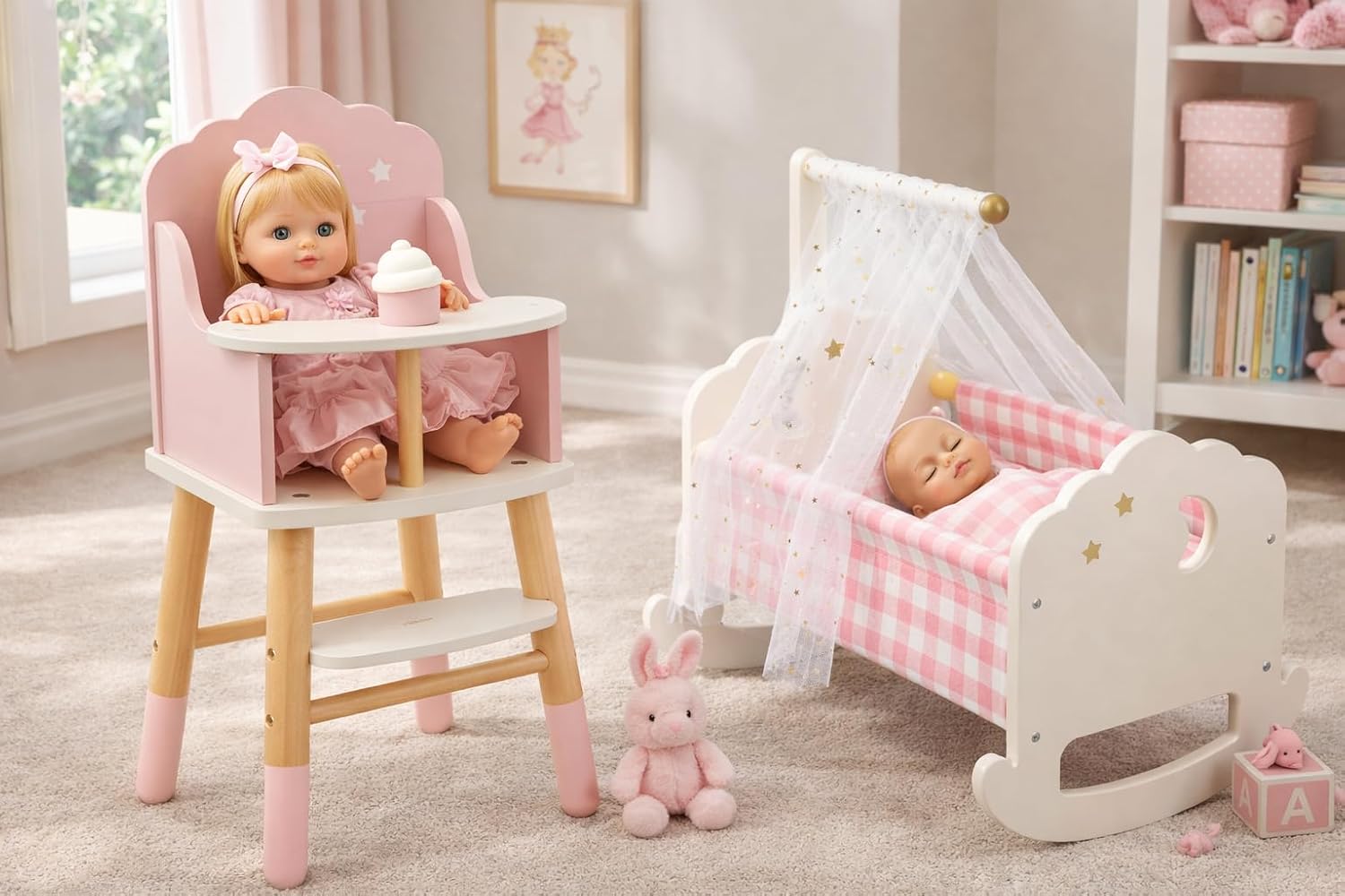 Pithfor Wooden Doll Furniture – Baby Doll High Chair & Crib Bed with Canopy and Rocking Function, Fits 18 Inch Dolls, Complete 2-Piece Bundle for Pretend Play Ages 3+