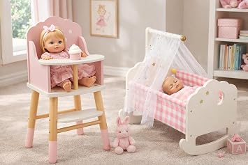 Pithfor Wooden Doll Furniture Baby Doll High Chair & Crib Bed with Canopy and Rocking Function, Fits 18 Inch Dolls, Complete 2-Piece Bundle for Pretend Play Ages 3+