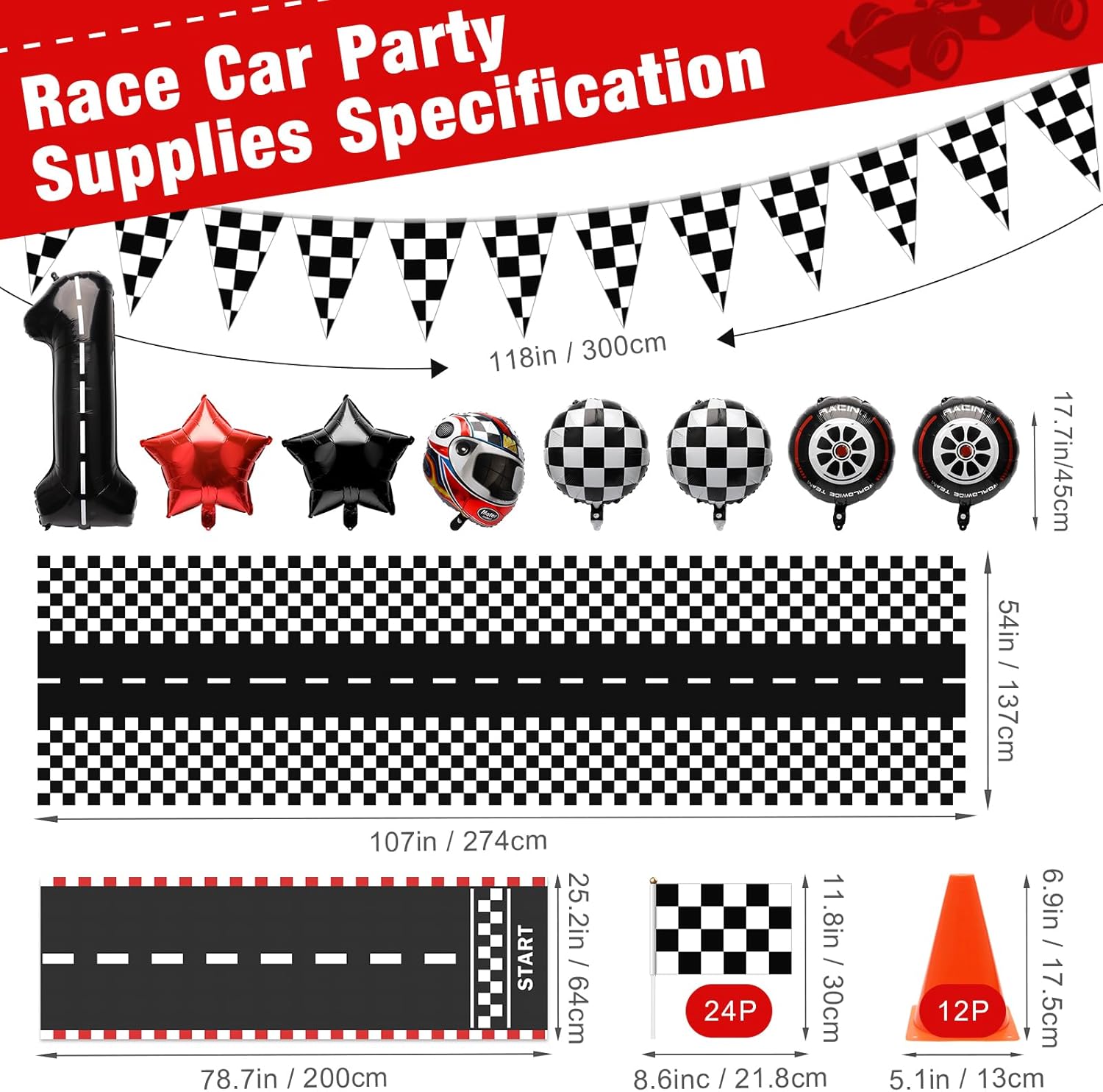 Windspeed Traffic Cones And Racing Checkered Flags, Race Car Party Decorations Include 24P Hand Held Checkered Flag 12P Mini Traffic Cones, Racetrack Floor Running, Hanging Racing Flags, Balloons, Tablecloth