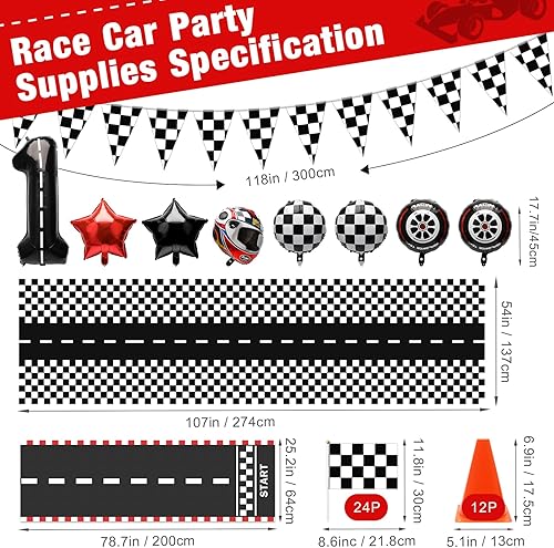 Miniatura 9 de Suministros para fiestas de autos de carreras, juego de 38 piezas 24 banderas a cuadros, 12 mini conos de tráfico, alfombra de hipódromo de 6.5