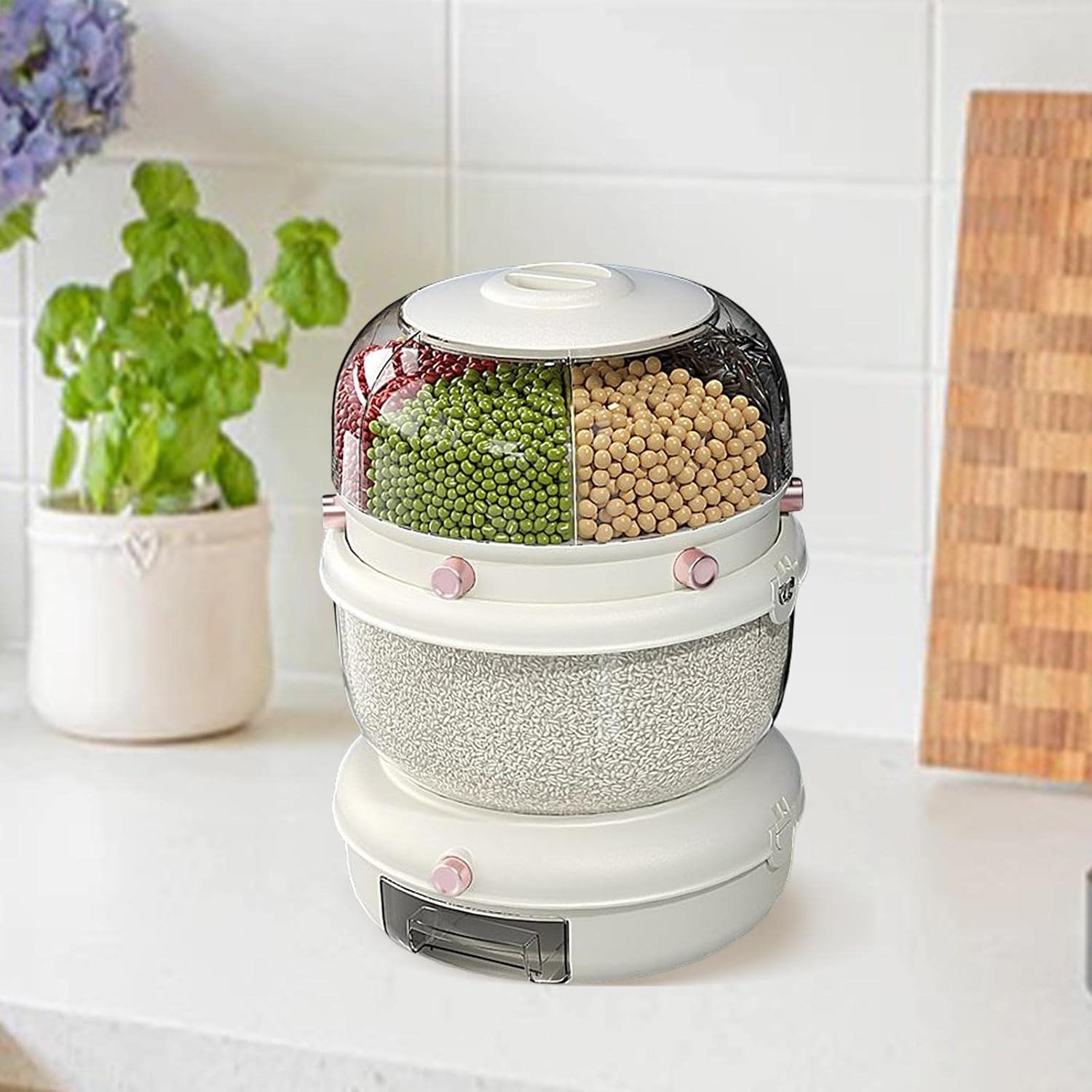Automatic Food Grain Storage Box Sealed Organizer Organization Space Saving Rotating Cereal Rice Dispenser for Flour Pantry Dinning, White 2 Tier
