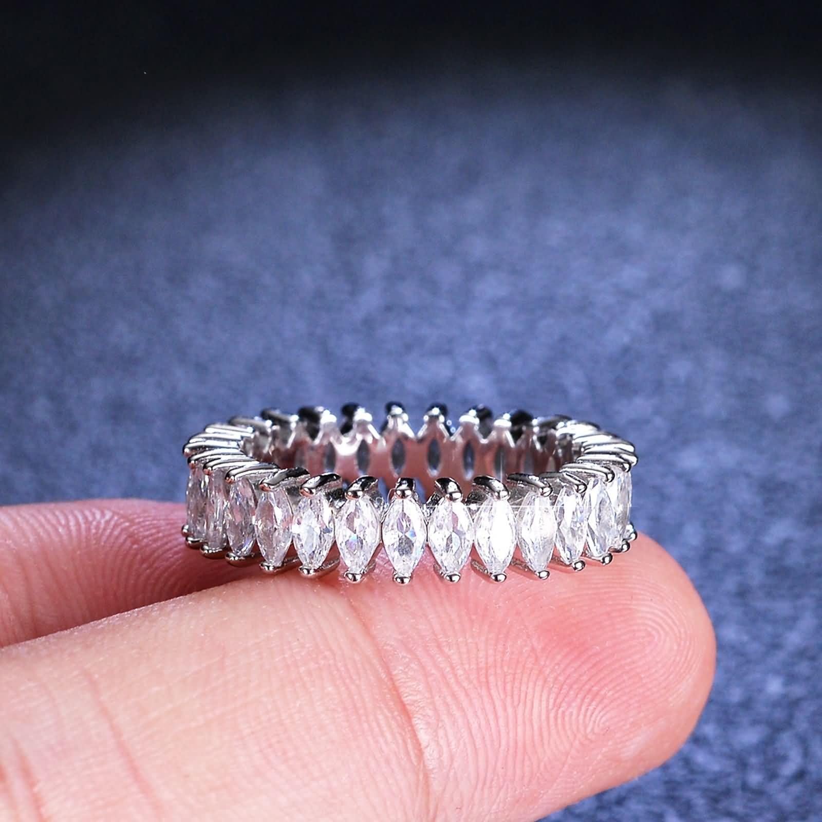 Anillos para mujer, dedo medio, alianzas decorativas para boda, eternidad, marquesa con moissanita, plata platino 950, talla 58 (18,5)