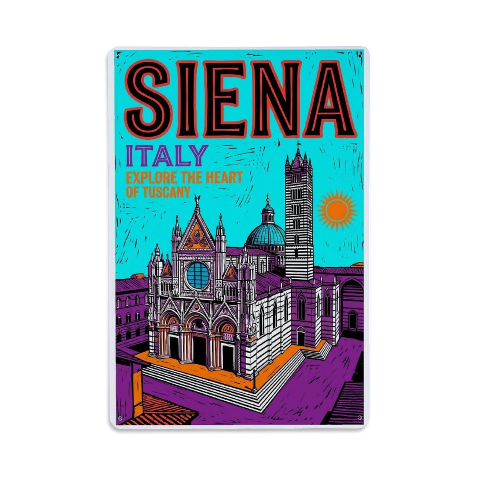 Olhnbad Style Cathedral Siena Italy Linocut City Travel Metal Tin Sign