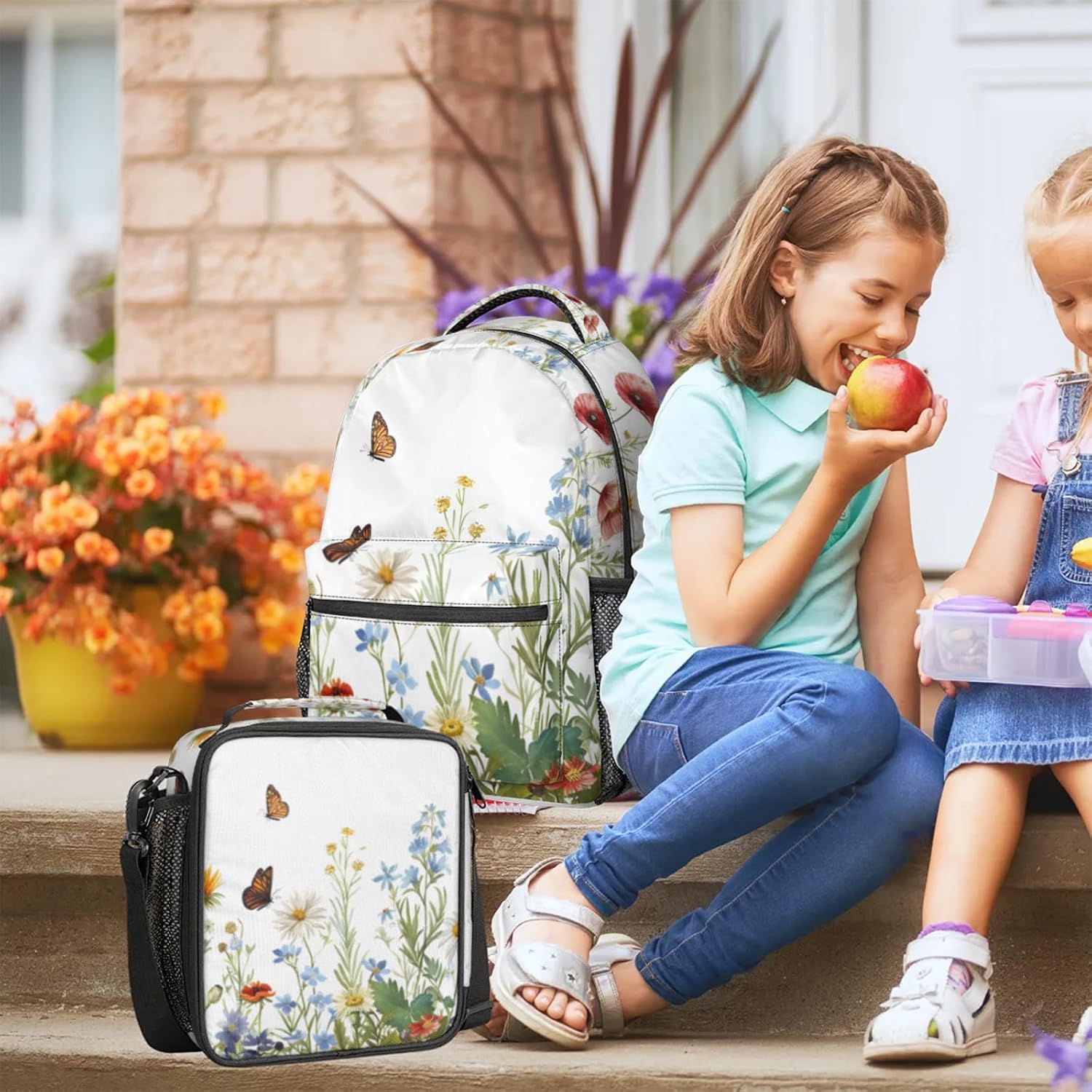Spring Wildflower Poppy Butterfly Backpack Set, Backpack with Lunch Box Gifts Set for Women Men, Multifunction 2Pcs Laptop Travel Picnic Camping Backpack with Lunch Bag
