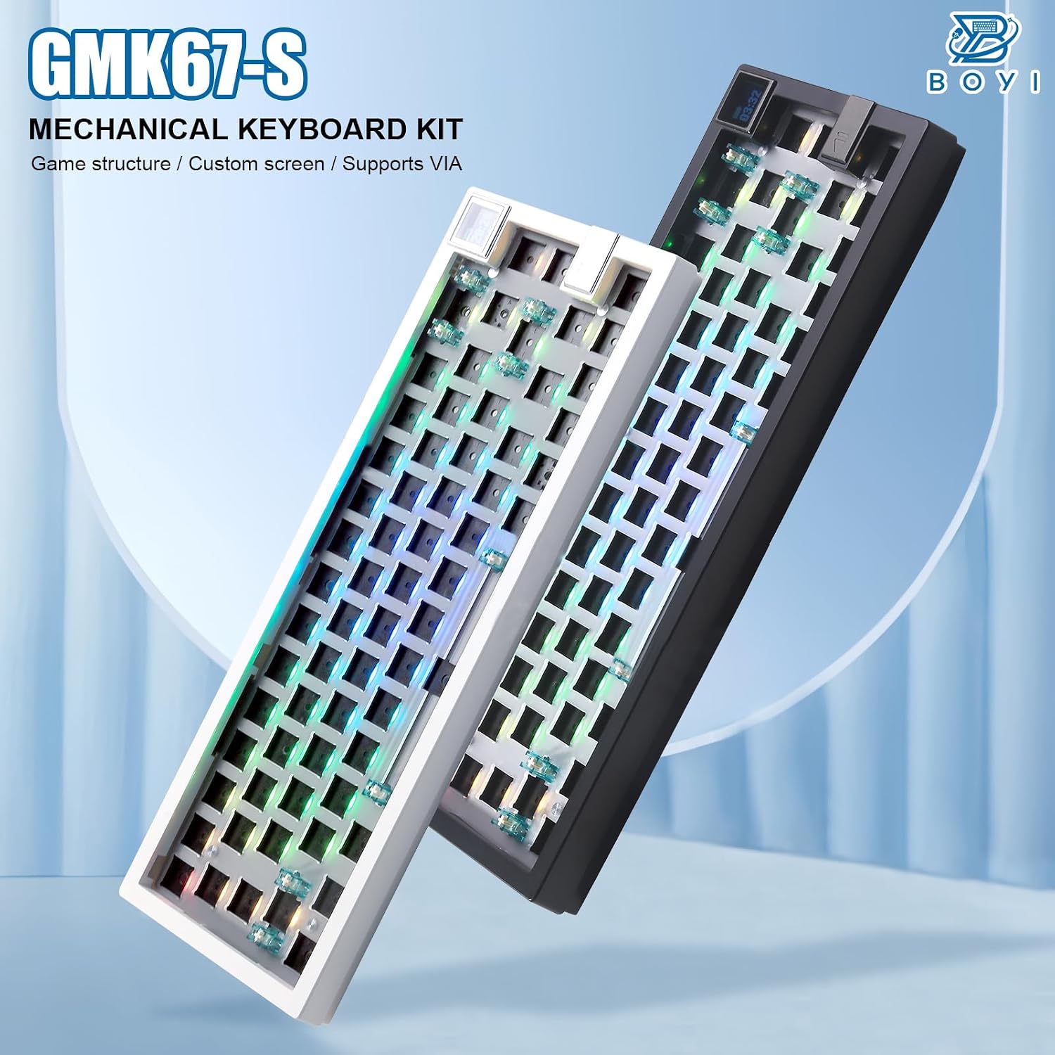 BOYI GMK67S-65% Keyboard Kit,Hot-Swappable BT5.0/2.4G/Type-C Tri-Mode Wireless RGB Mechanical Keyboard Gasket Mounted Kit,Customized South-Facing LED Barebones Kit(Black+LCD Screen)