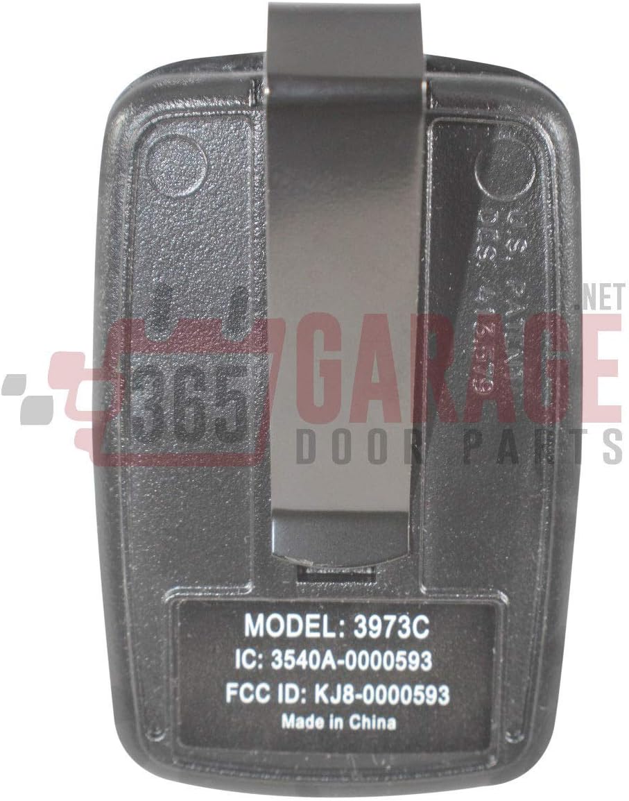 Back view of the Wayne Dalton garage door remote control showing model number and clip.
