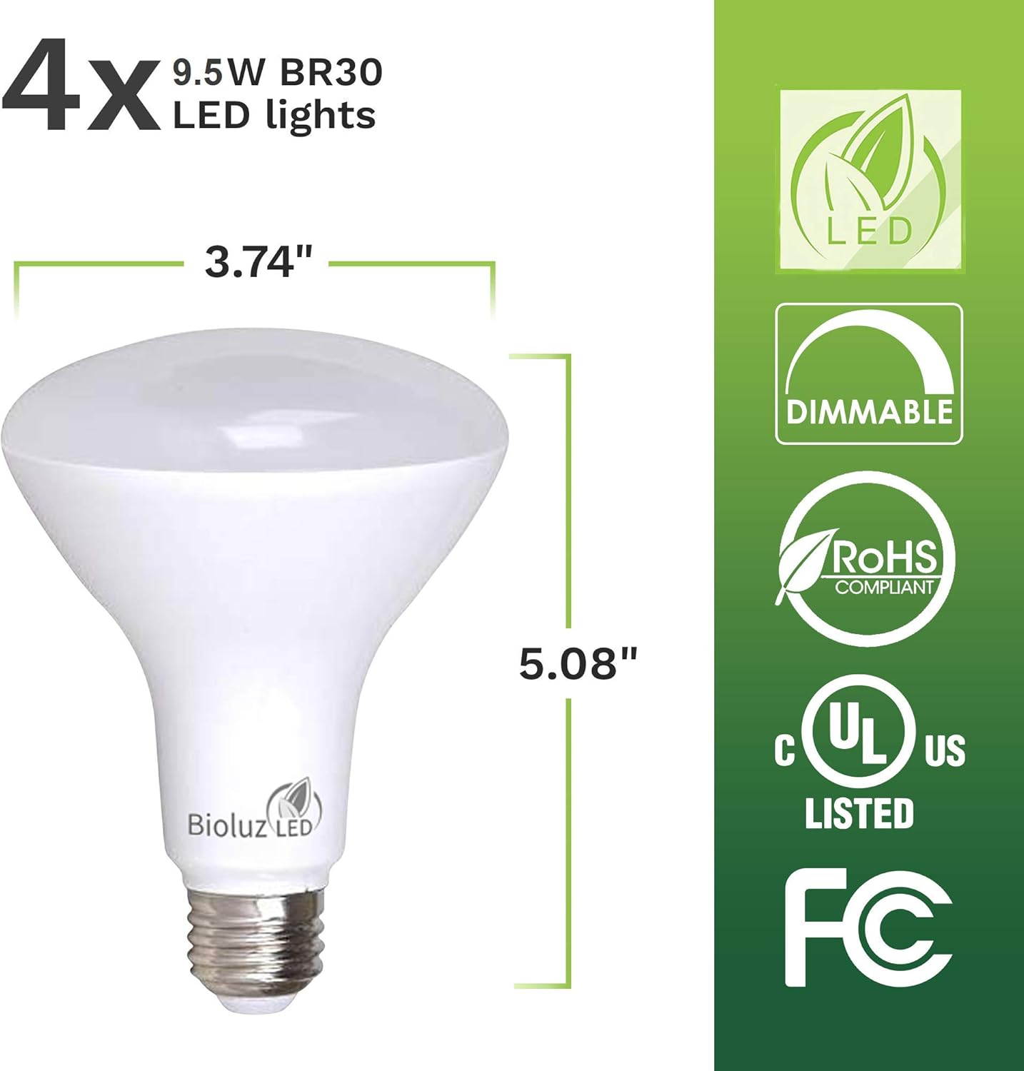 Bioluz LED 4 Pack BR30 LED Bulbs Indoor Flood Lights 90+ CRI 75W Equivalent uses 9.5W 3000K Soft White 850 Lumens E26 Base Dimmable Instant On Interior Home Décor UL Listed FCC RoAS Title 20 Certified