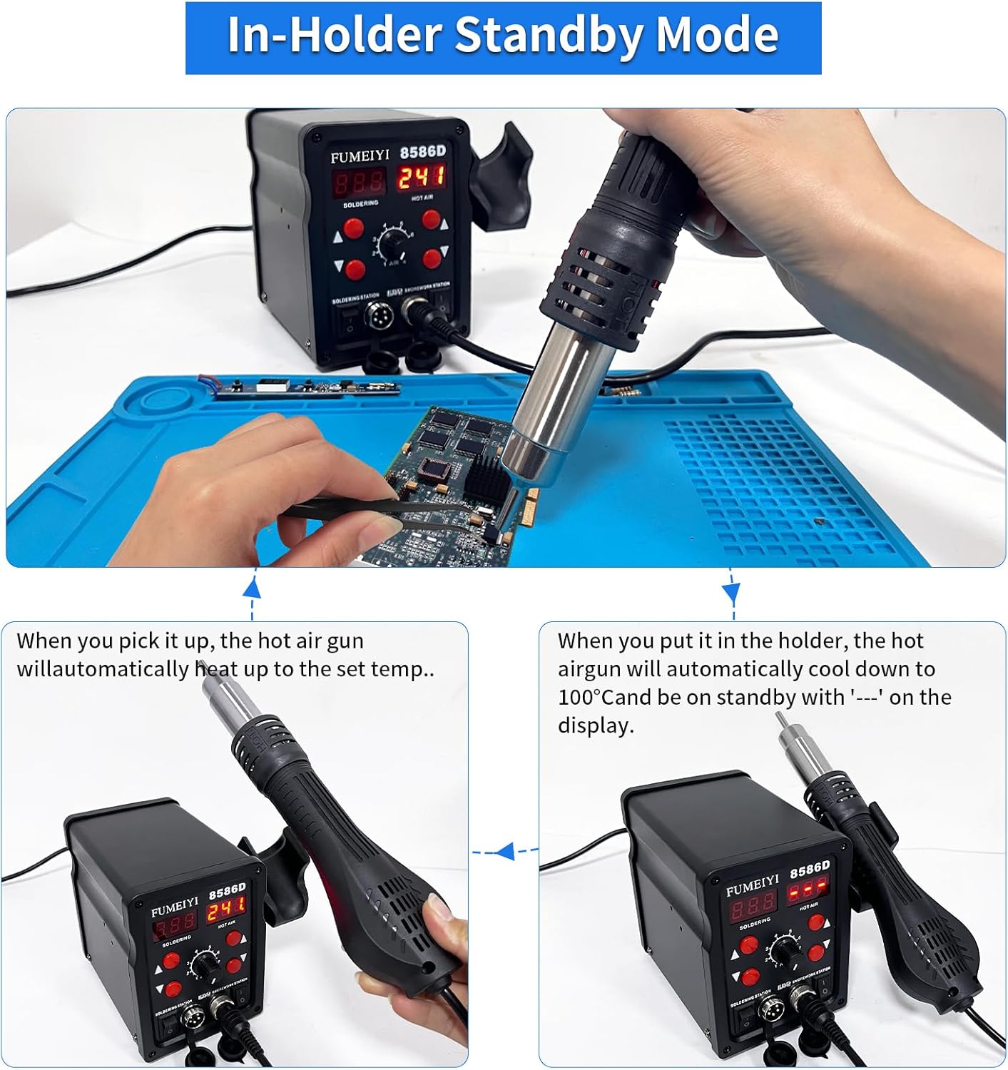 8586D Hot Air Soldering Iron Station Kit 2-IN-1 for Rework, Desoldering with Lead-Free Solder Wire, 5 Soldering Tips, 3 Hot Air Nozzles, Tweezers, Desoldering Pump