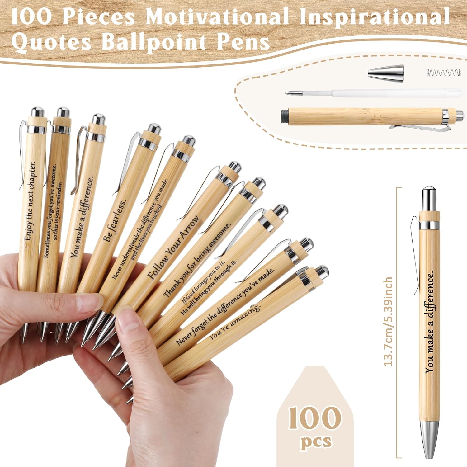 Teling 100 Pcs Inspirational Pens in Bulk Motivational Ballpoint Pens Bulk with Funny Sayings Quotes Positive Thank You Gifts for Adults Employees Coworkers Team Staff(Wood Color,Rustic Style)