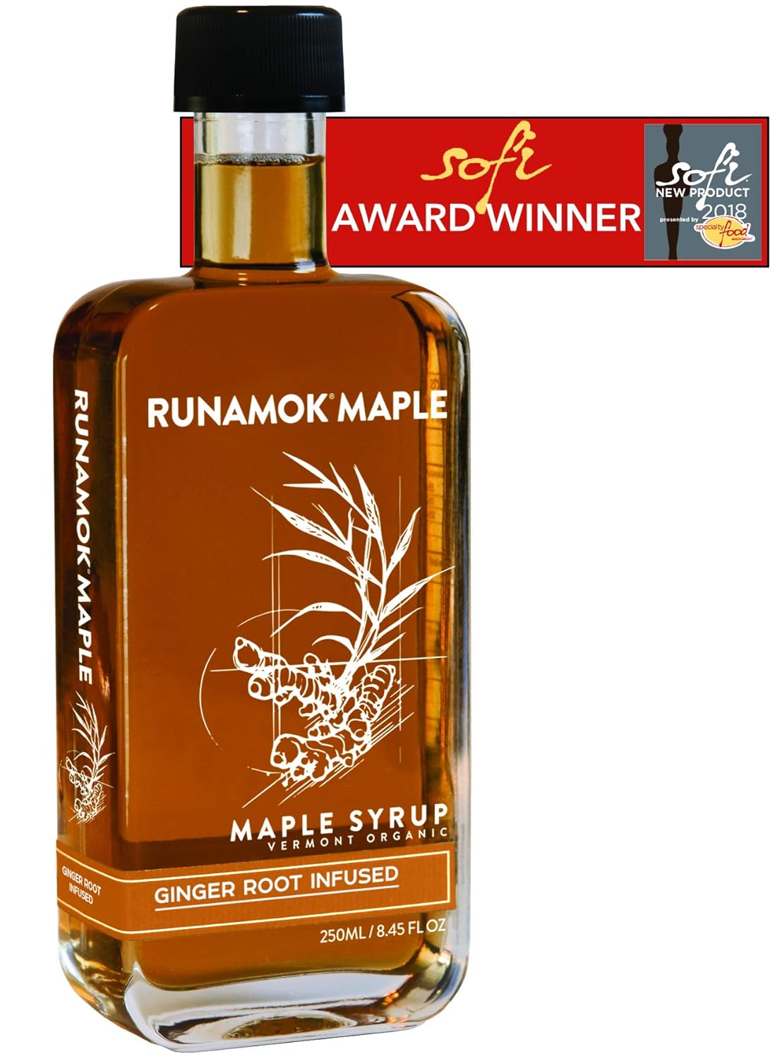 Runamok Ginger Root Infused Maple Syrup - Authentic & Real Vermont Maple Syrup | Gluten Free & Natural Sweetener | Great for Cooking, Tea & Cocktails | 8.45 Fl Oz (250mL)