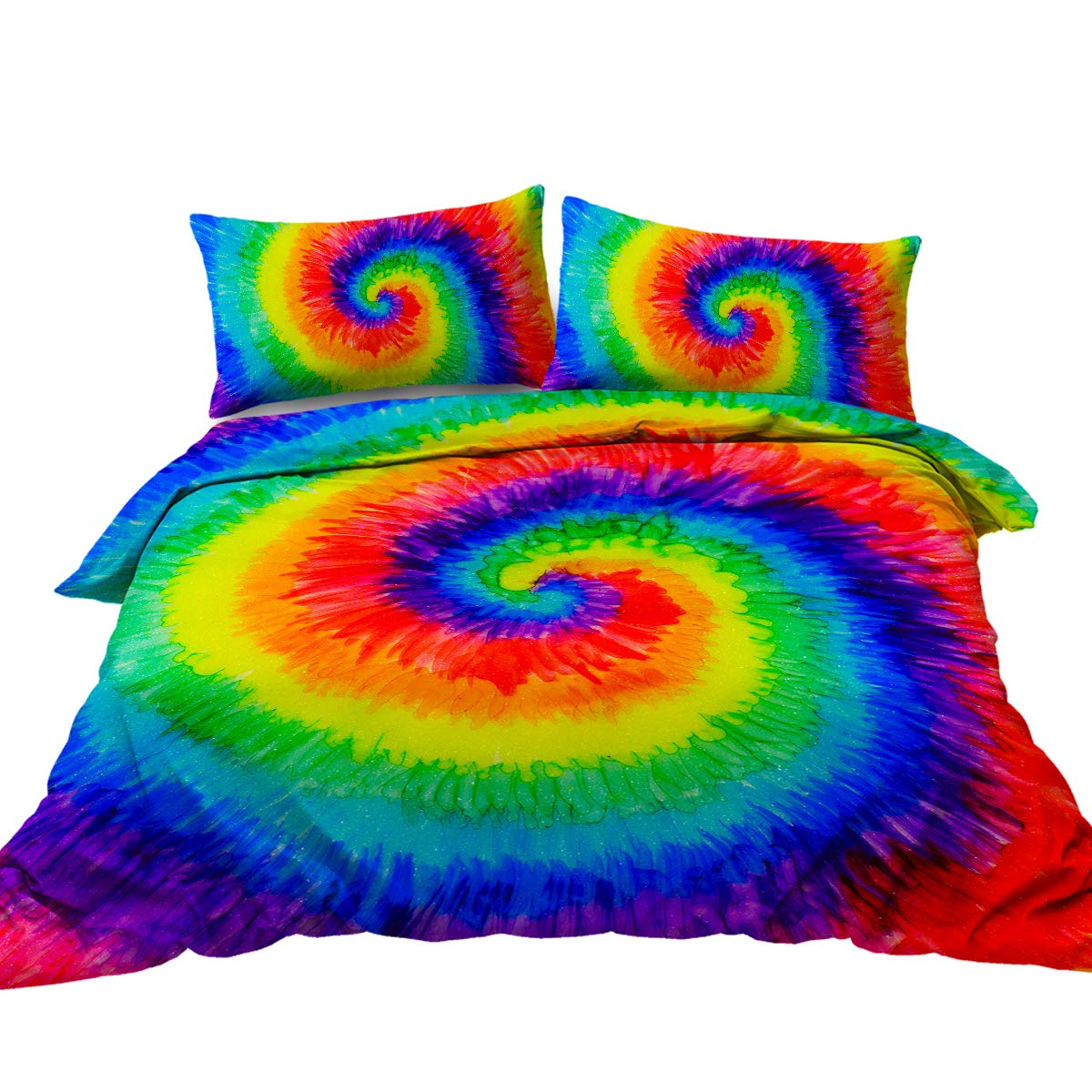 BlessLiving Rainbow Tie Dye Bedding Colorful Tie Dyed Duvet Cover Set 3 Piece Boho Hippie Bedding Sets Orange Blue Green Psychedelic Swirl Pattern Printed Quilt Cover for Boys Girls (Double)