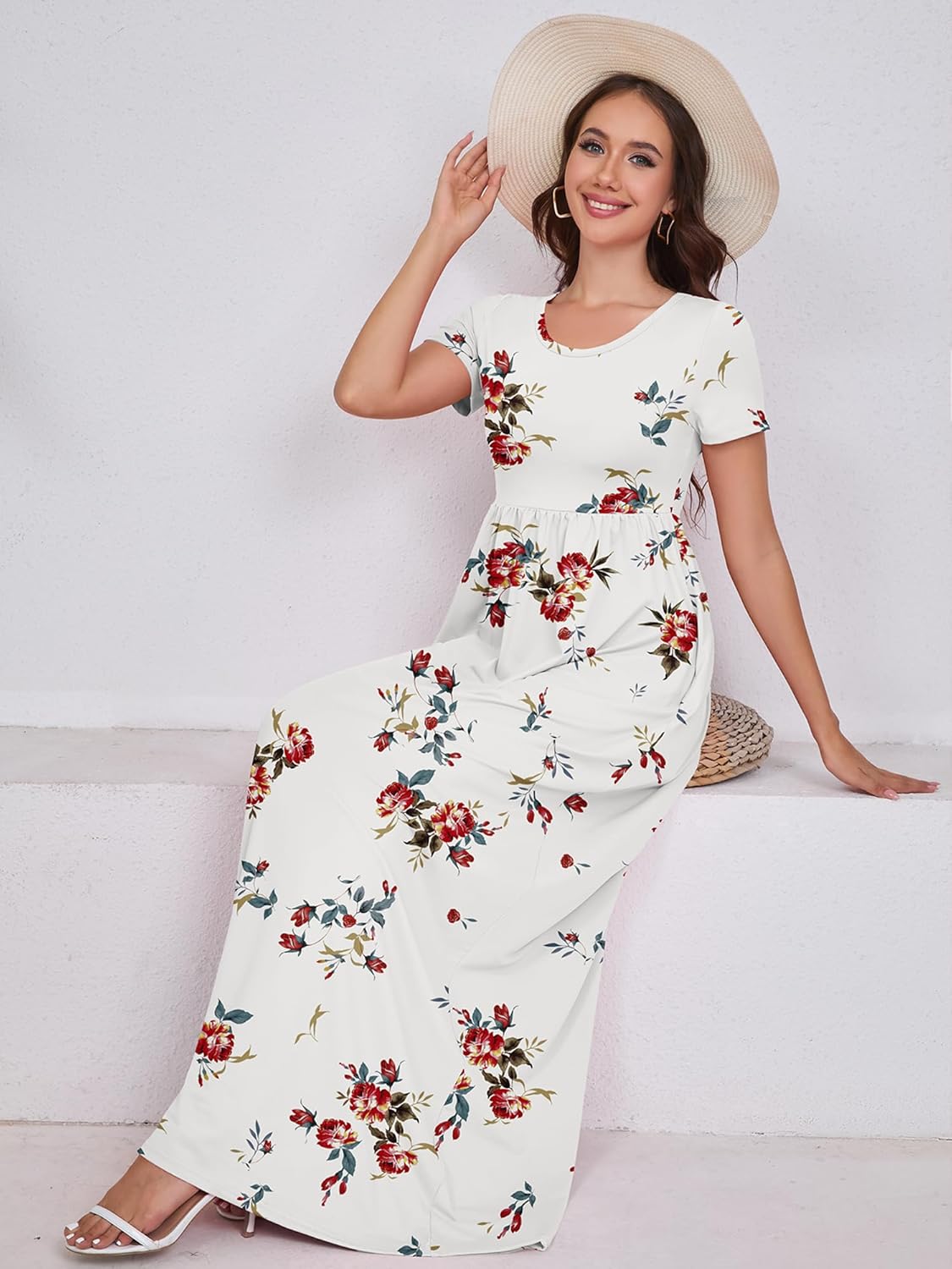 DEARCASE Maxi Dress for Women Short Sleeve Casual Summer Loose Plain Comfy Long Dresses with Pockets - Image 3