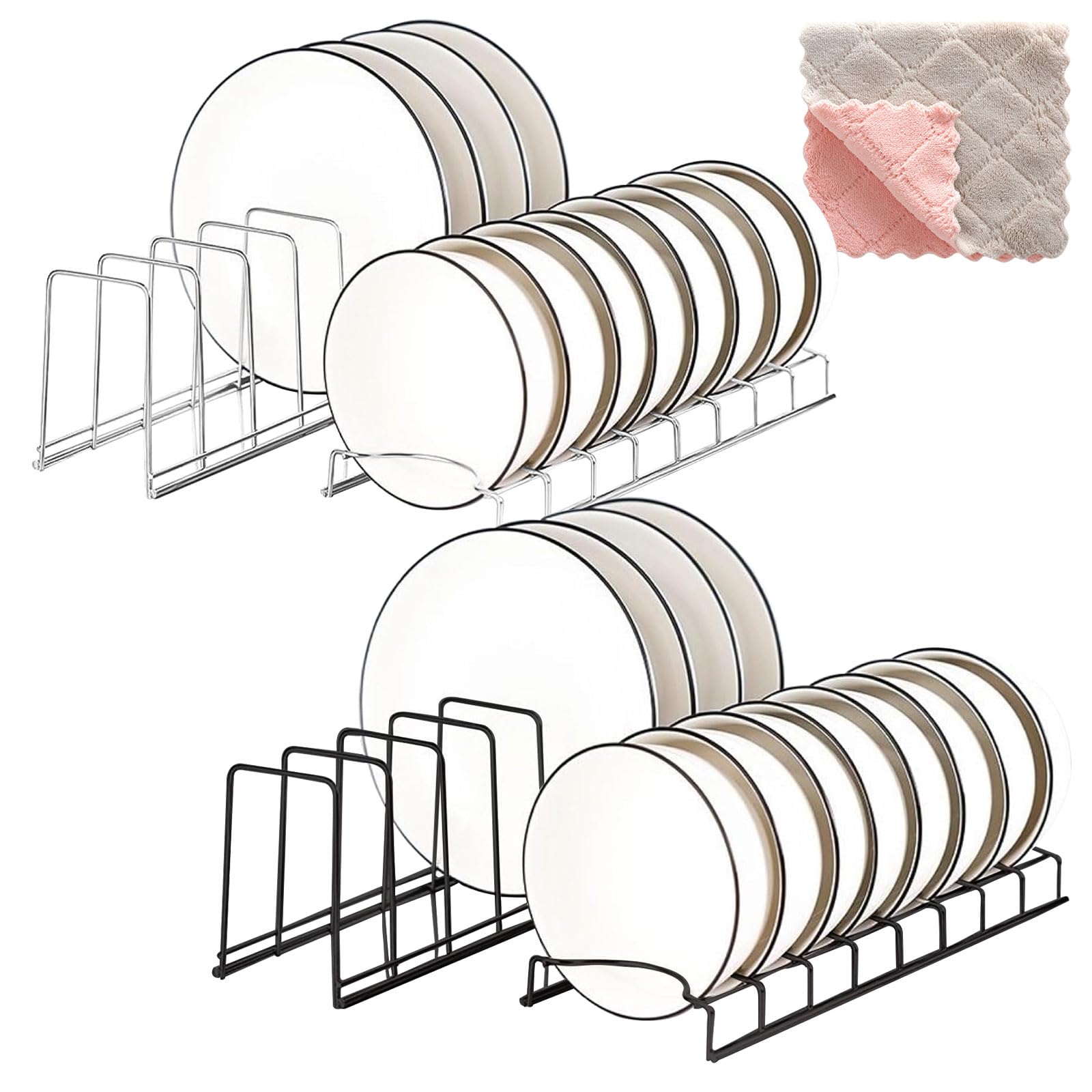 Joyseedi Black、White 4 Pcs Plate Rack For Cupboard - Plate Organiser For Kitchen Cupboard With Rag, Stainless Steel Plate Storage Dish Drying Rack For Pot Lids, Plates, Cutting Boards, Bakeware
