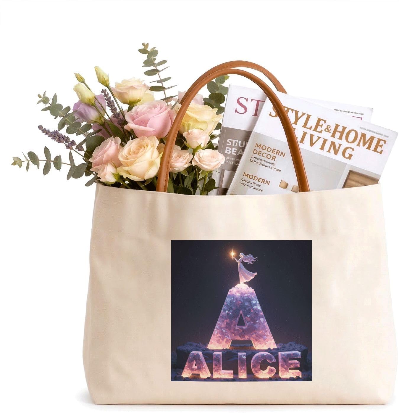 Personalized Canvas Tote Bag with Custom Name Candy Love Graphic Faux Leather Handles for Women Mothers Day