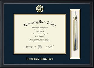 Northwood University In Florida 11" w x 8.5" h Tassel Diploma Frame - Fits a bachelor's - Gold Embossed Tassel & Cord Diploma Frame - Black Moulding with Navy and Gold Matting