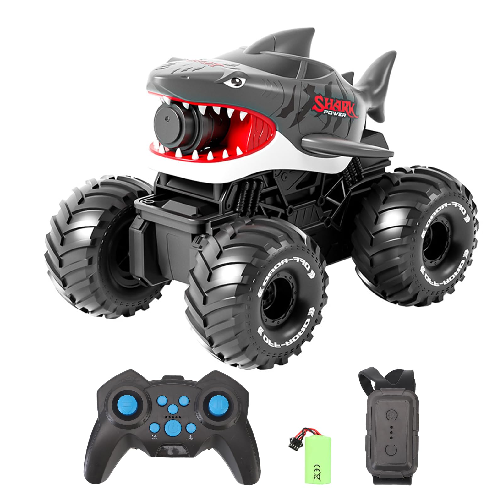Hylukon RC Car, Remote Control Shark Toy with Water Spray, Gesture Sensing Off Road RC Truck, Water and Land Remote Control Vehicle for Teens Teens (Grey 1 Battery)
