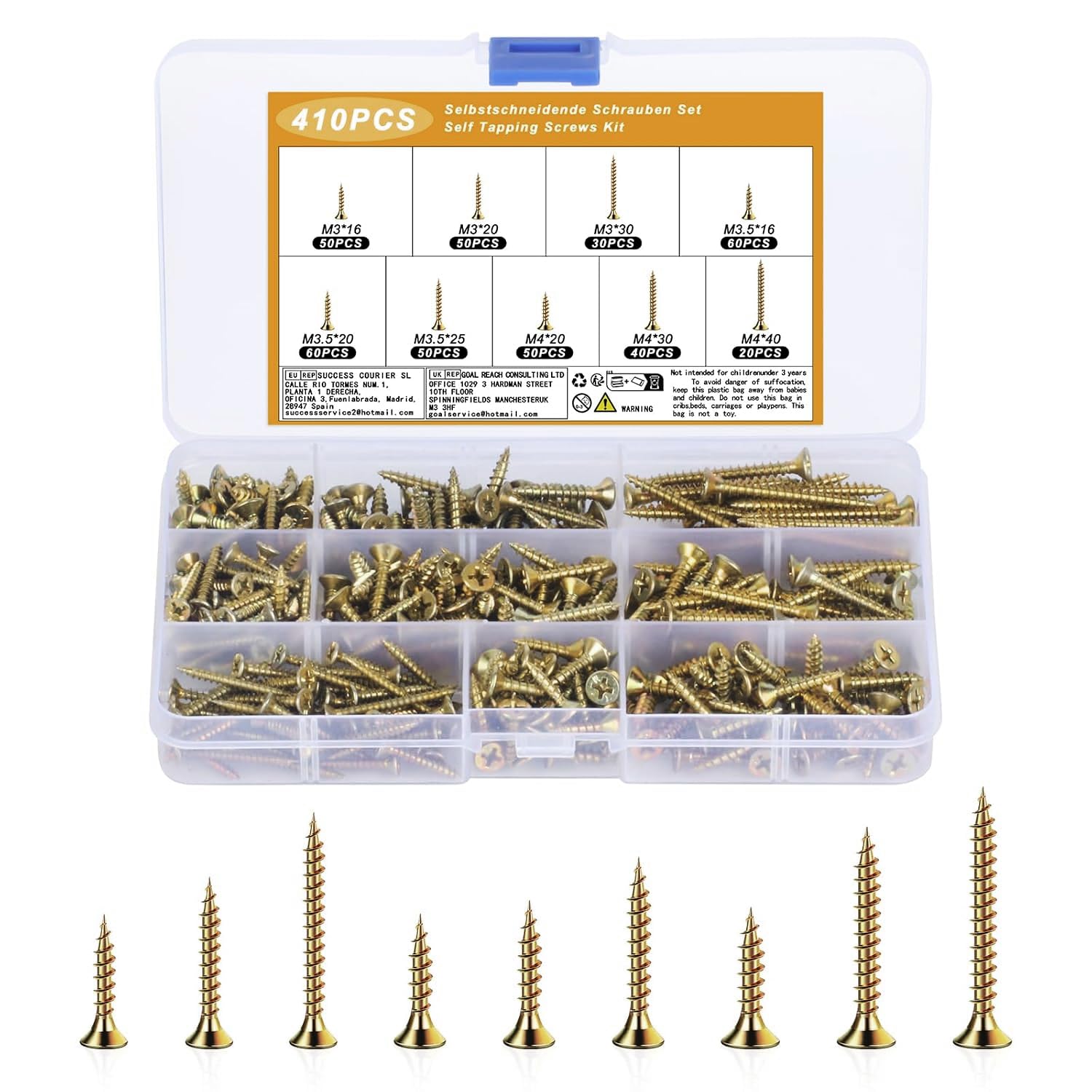 Set di viti autoperforanti M3 M3,5 M4, viti per legno testa piana, assortimento universale, viti a brugola filettatura completa
