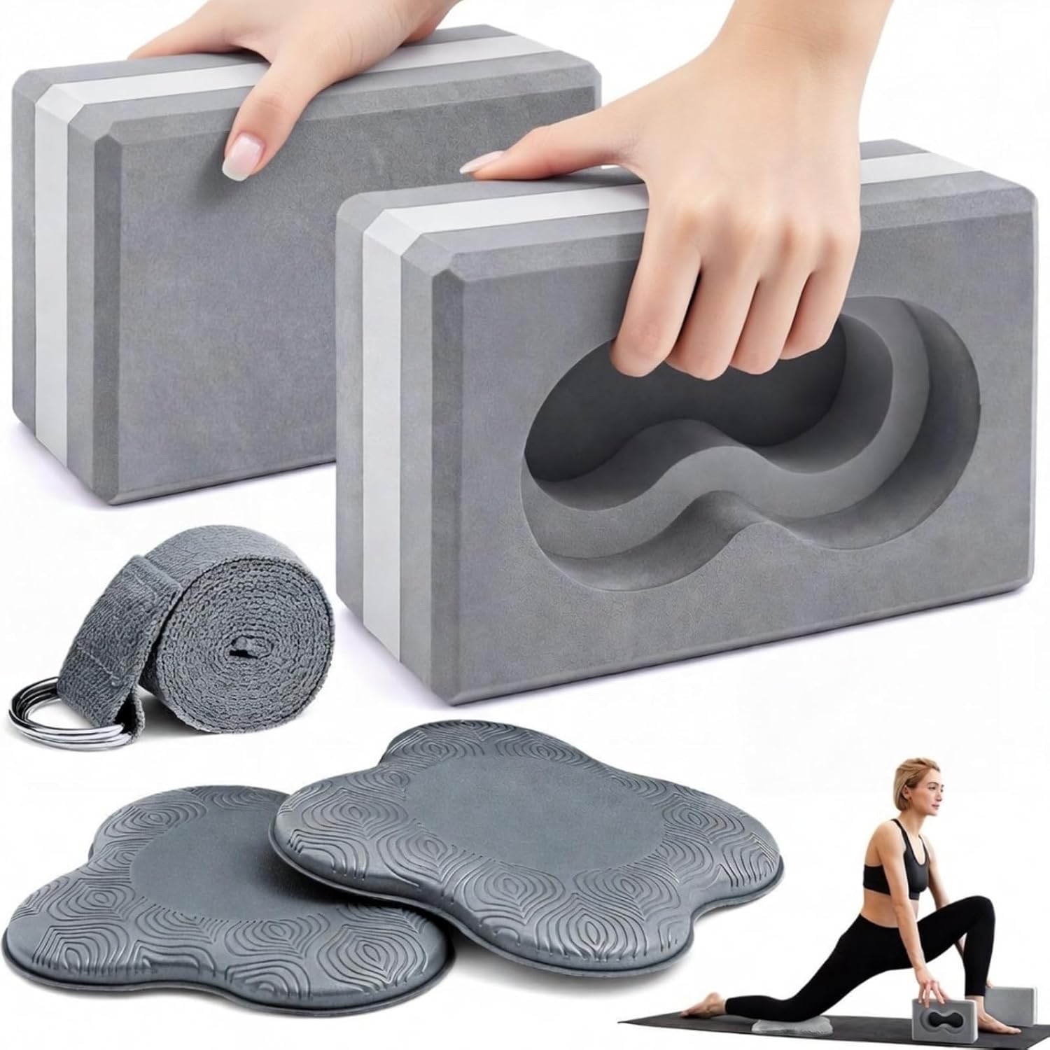 2 Pack Yoga Blocks Wrist Support Yoga Blocks with Knee Pads and Strap to Put Less Weight on Wrist Improve Comfort and Grip, EVA Foam Pilates Exercise Balance Stretching Accessories