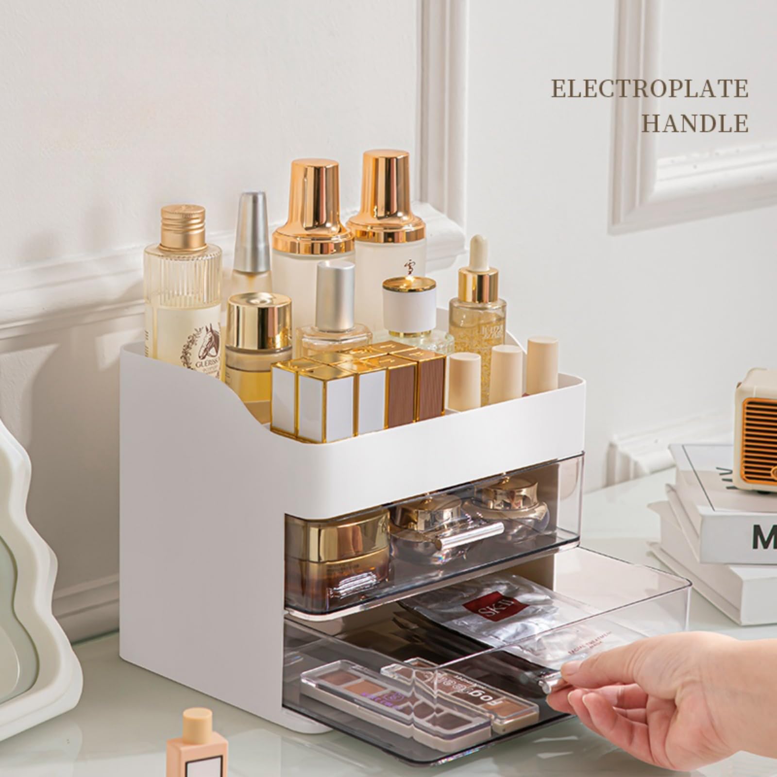 Organizer per trucchi con 2 cassetti, espositore per cosmetici, scatola portaoggetti (bianco)