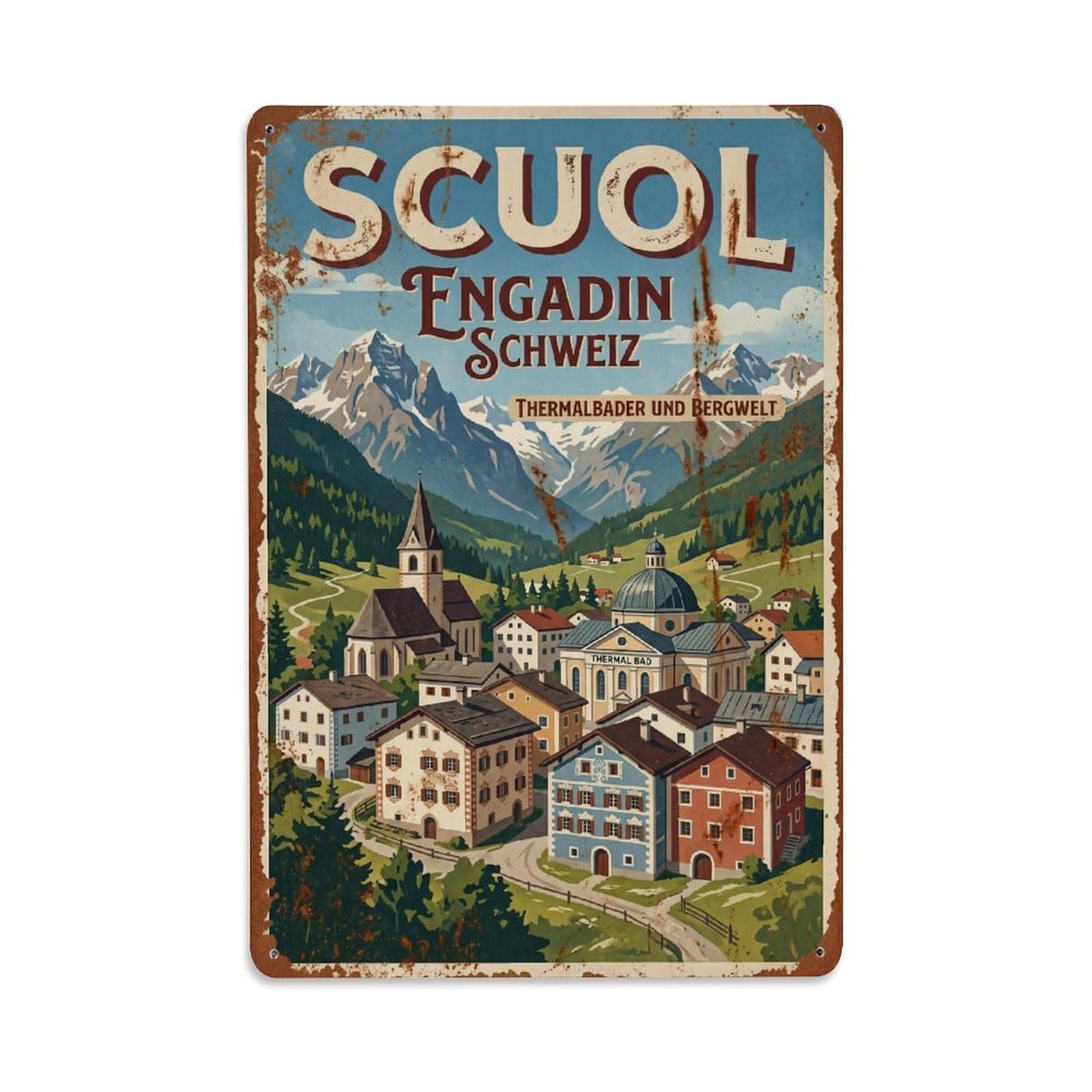 Vintage Travel Scuol Switzerland Metal Tin Sign
