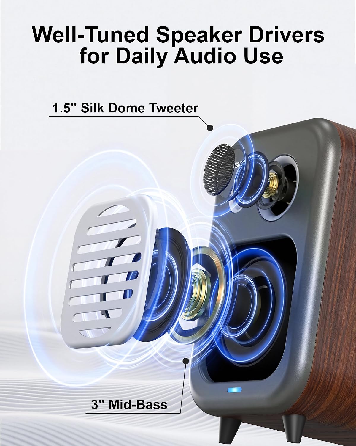 Bookshelf Speakers, 36W RMS Powered Bluetooth Stereo Speakers, Compact MDF Wood Cabinet with Subwoofer Output, Optical/Coaxial/RCA/USB Inputs for Turntable, PC, TV, Small Spaces