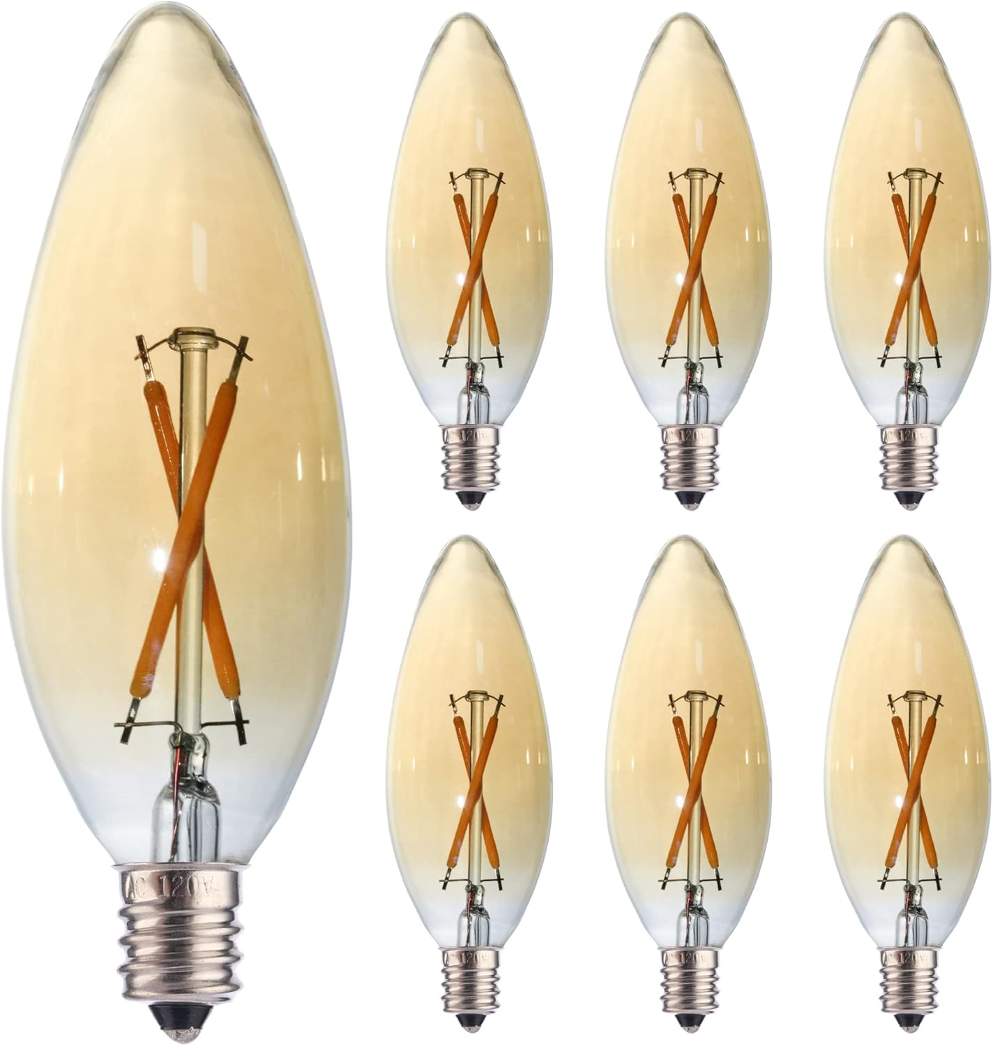 6 Pack C32 B10 B11 E12 Candelabra LED Candle Light, 2W Suitable for 10W-15W-20W Soft Warm Light, Amber Glass Suitable for Chandeliers, wall sconces Fan Lights.