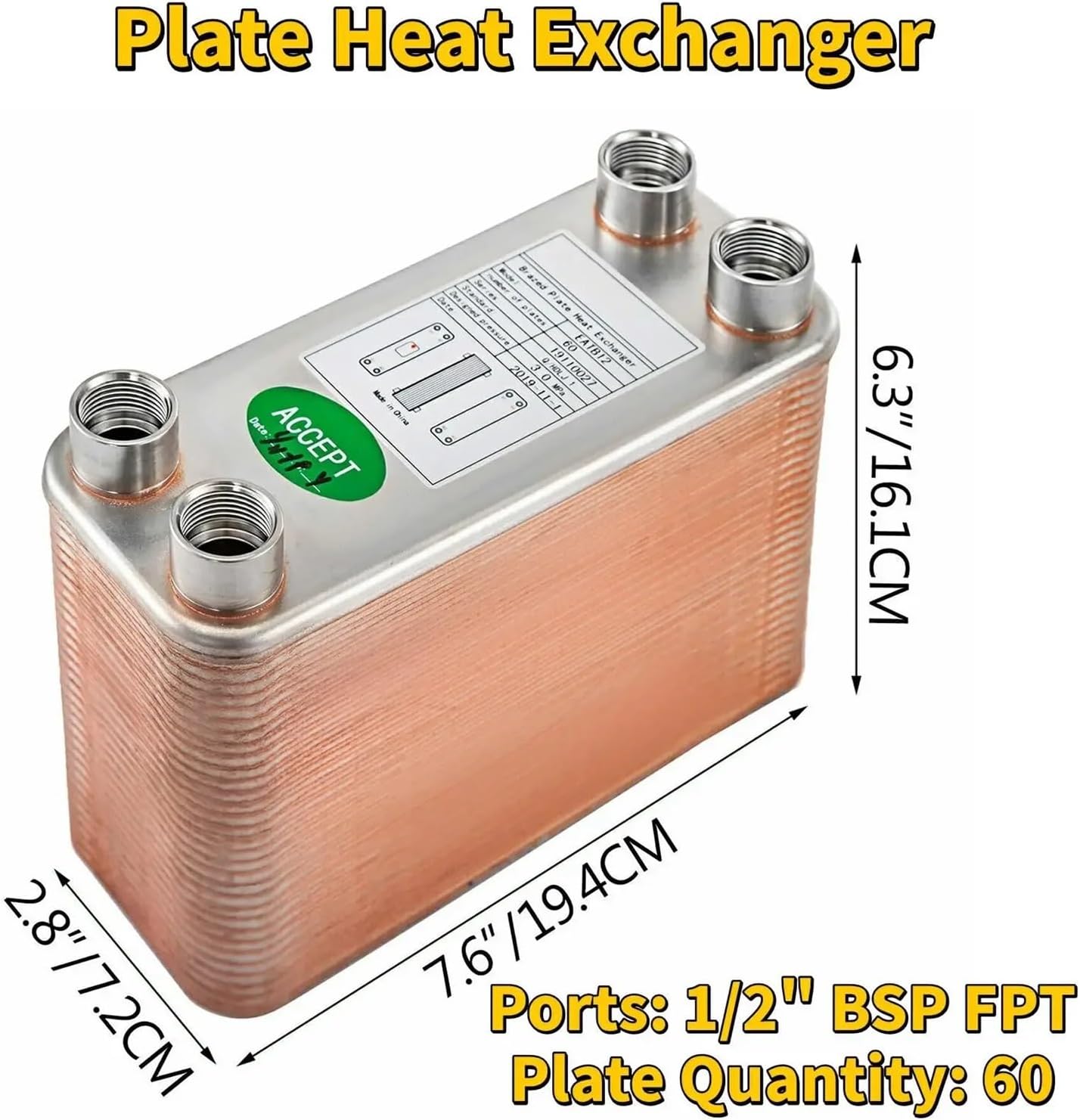 30Plates 40Plates 60Plates Heat Exchanger Wort Chiller Stainless Steel Homebrew Brewing Beer Cooler Counterflow Chiller Water Heating(60 Plates)