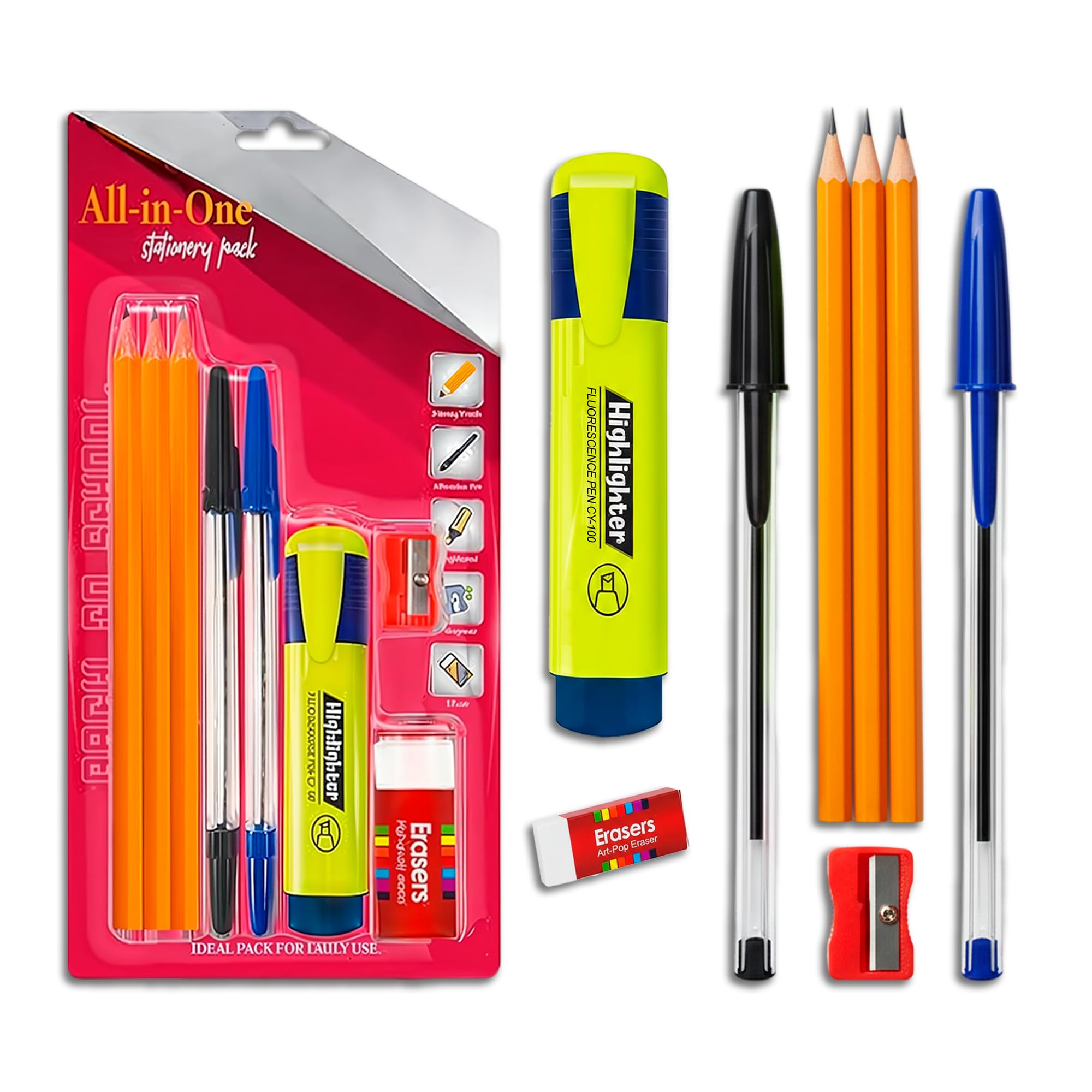 AHG 5-Pack All-in-One Stationery Pencil Set – 3 Wooden Pencils, 2 Ballpoint Pens, Highlighter, Eraser & Sharpener | School, Drawing, Sketching & Daily Writing Kit for Kids, Students & Office