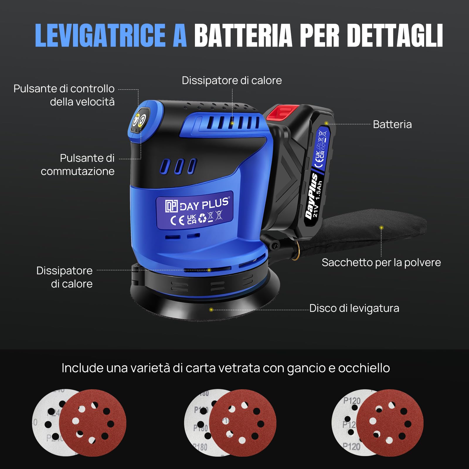 Levigatrice Rotorbitale a Batteria 21V, 125mm - 3 Velocità,11000 OPM,con Sacchetto Raccolta Polvere,1 batteria,1 caricatore,12 Carte Abrasive - Ideale per Legno, Laccature, Metallo e Ceratura