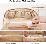 Prite Makeup Bag for Women Travel Waterproof Vegan Leather Cosmetic Bag Open Flat Toiletry Bag with Clear Divider and Handle (Beige) | Clear Divider, 2 Compartments, Waterproof, Vegan Leather, Elastic Slot, Handle, Lightweight, Large Capacity, Easy C