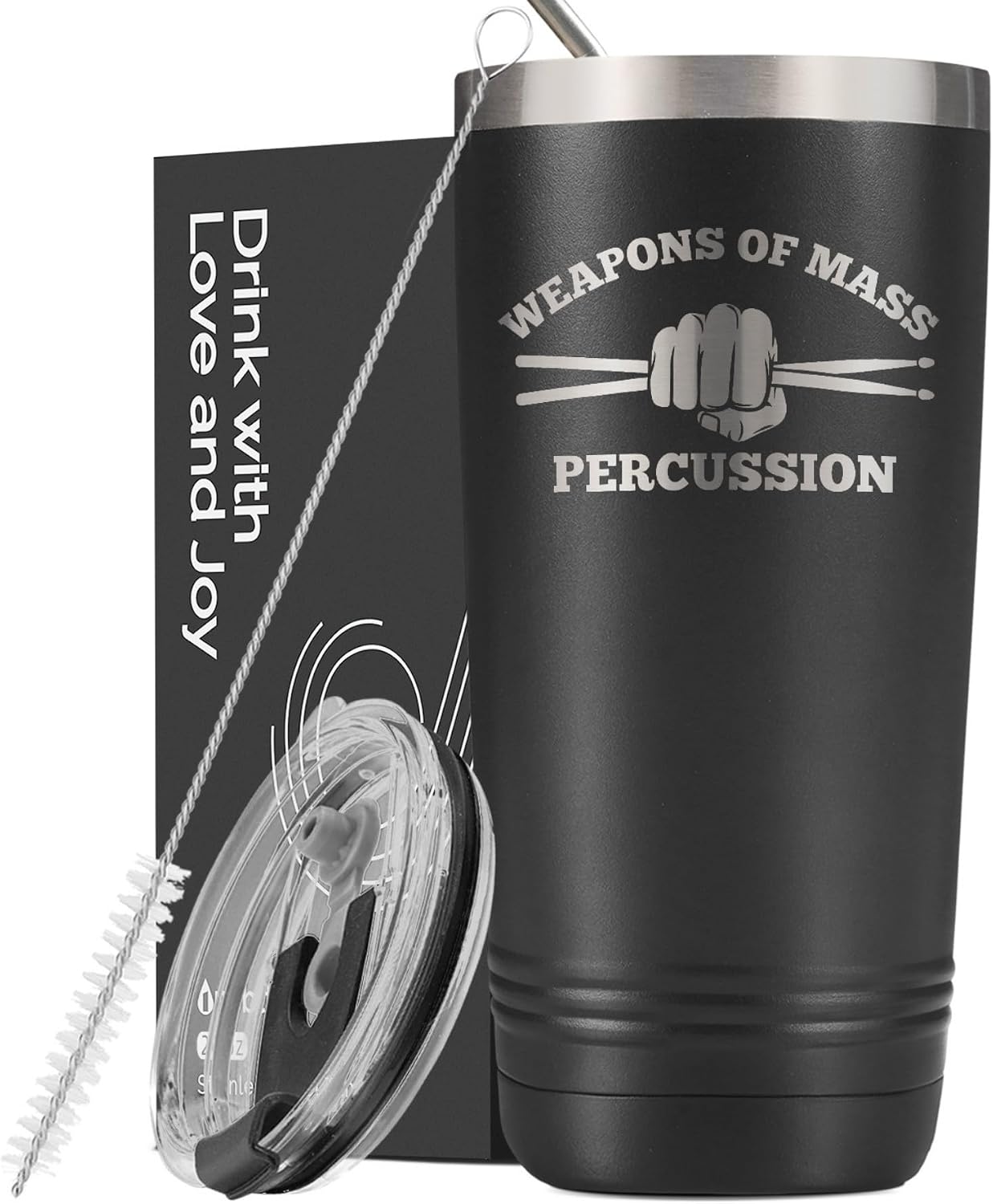 Onebttl Funny Drummer Gifts For Men, Women, Music Lover Gifts for Drummers, 20 oz/590 ml Stainless Steel Insulated Tumbler with Straw, Lid, Weapons of Mass Percussion