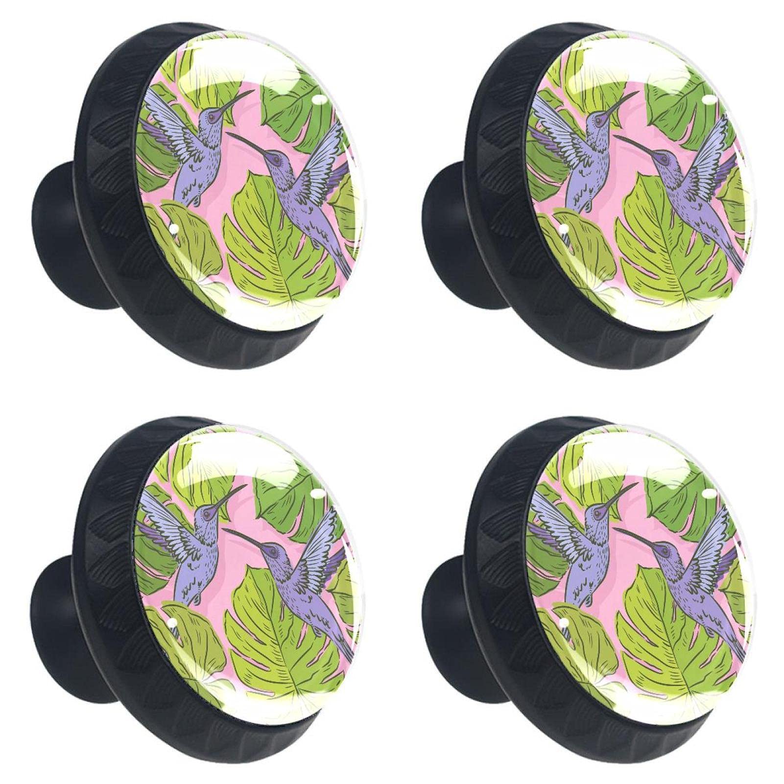 Boutons de tiroir en verre 30mm lot de 4 avec motif de colibri et feuilles de Monstera