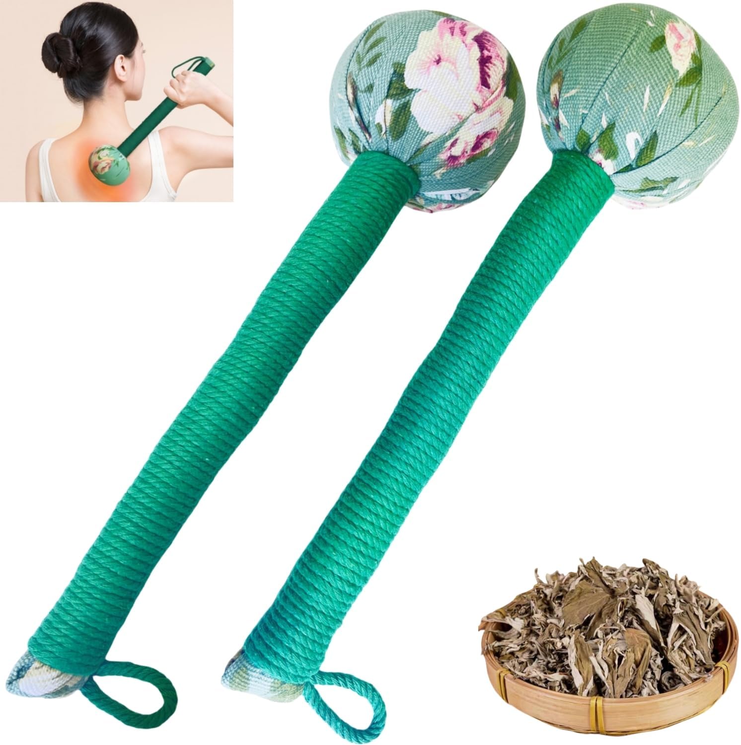 2PCS Long Size Lymphatic Drainage Hammer,Manual Body Massage Hammer, Wormwood Massage Hammer,Back Knock Long Handheld Massage Hammer for Back Pain Relief Green 12.5IN