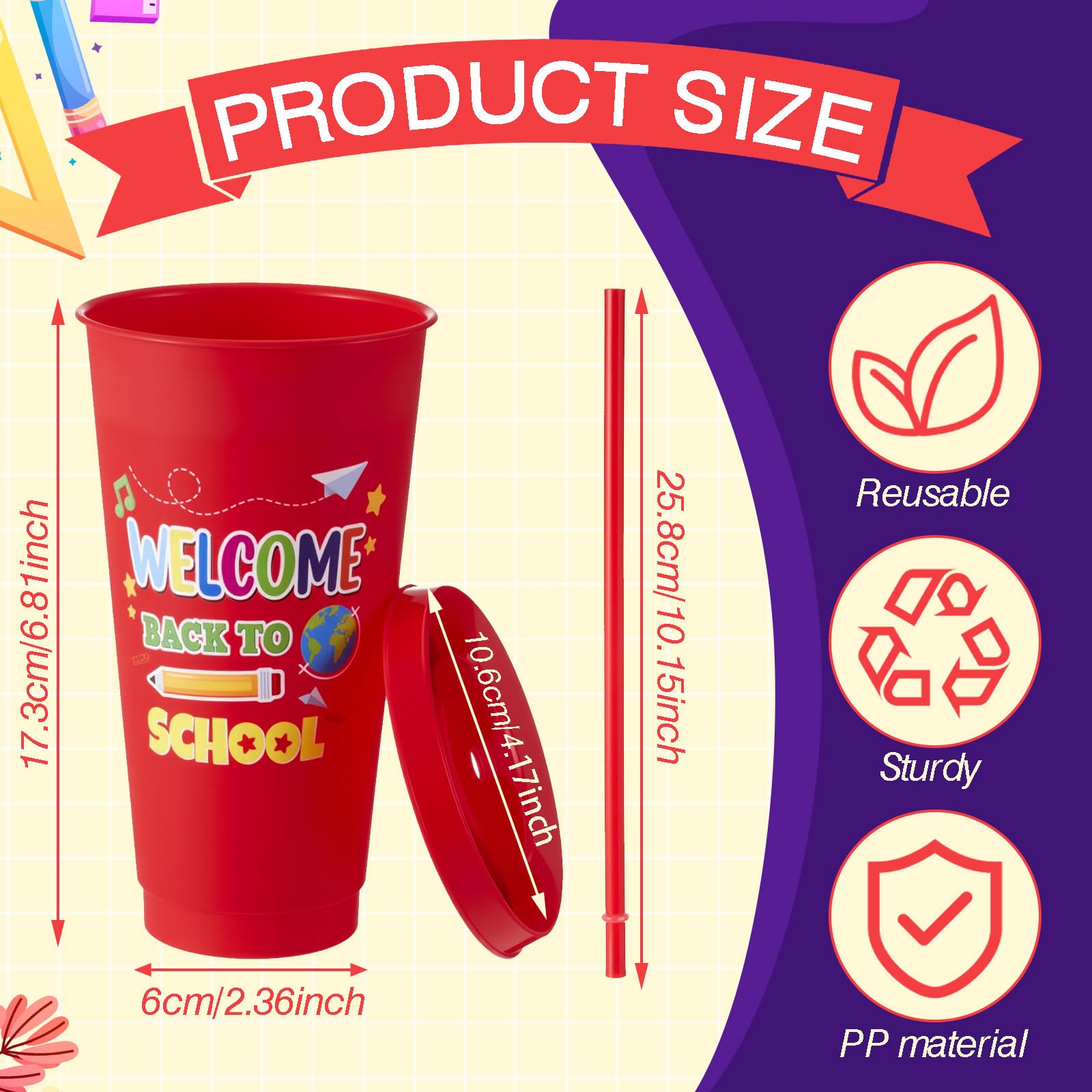 Chuangdi 24 Pcs Welcome Back to School Plastic Cups Bulk Gift 24 oz First Day of School Kids 24 oz Drinking Tumbler with Lids and Straws Water Bottle for Student Supply First Day Party Favors