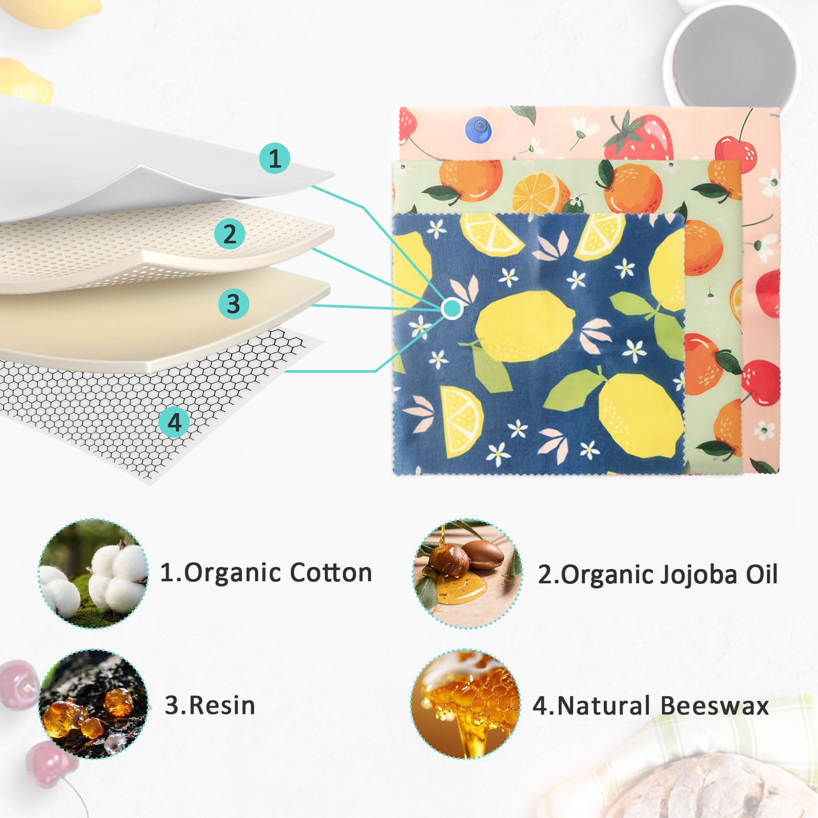9 Pezzi Bee Wrap, Involucri Alimentari Riutilizzabili in Cotone Biologico e Cera d'Api Naturale, Pellicola Lavabile per Pane, Formaggio e Frutta, 3 Dimensioni (5S, 3M, 1L)