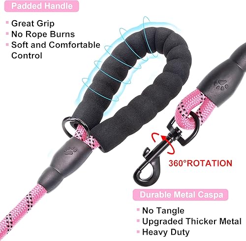 Miniatura 3 de BEAUTYZOO Paquete de 3 correas de cuerda resistente para perros, correa de nailon para mascotas de 6 pies con hilo reflectante, mango acolchado