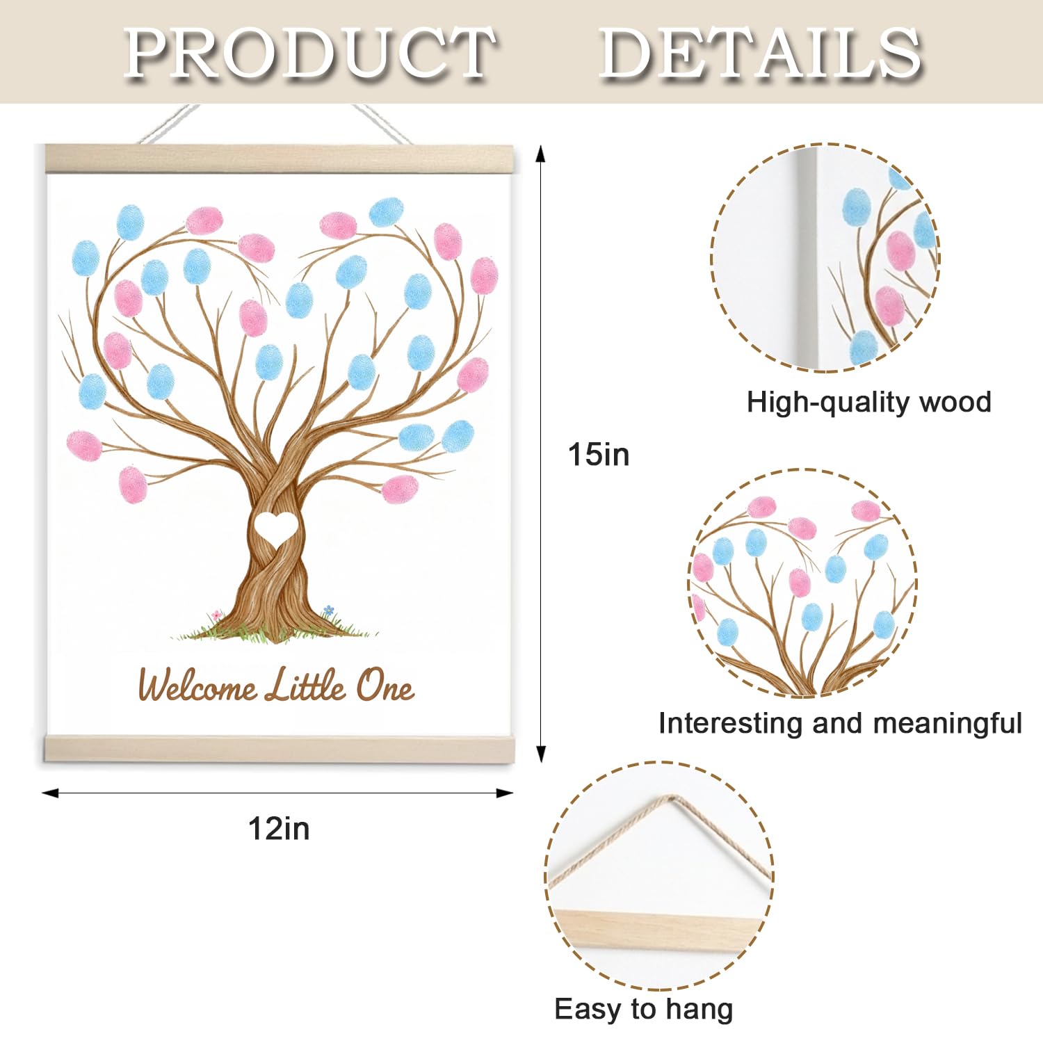 Fingerprint Tree Canvas Guestbook for Gender Reveal, 12x15 in Party Sign-in Keepsake Wall Art, Pink & Blue Ink Pads Included, Plush Storage Bag, Baby Shower Guest Book Alternative
