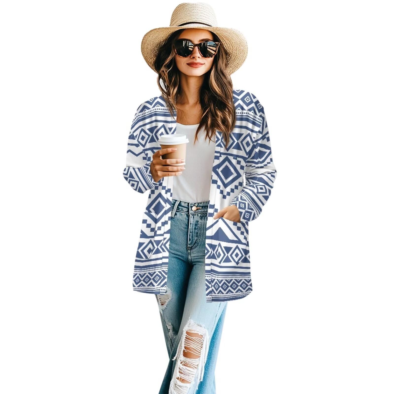 Women's Aztec Open-Front Jacket Lightweight Casual Outerwear Native Western Aztec Pattern &amp; Plaid Houndstooth Print
