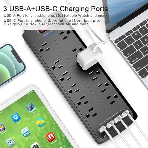 Miniatura 4 de Nuetsa - Múltiple con protector de sobretensión, 12 tomas de corriente y 4 puertos USB, extensión plana de 6 pies (1875 W15 A) para hogar, oficina,