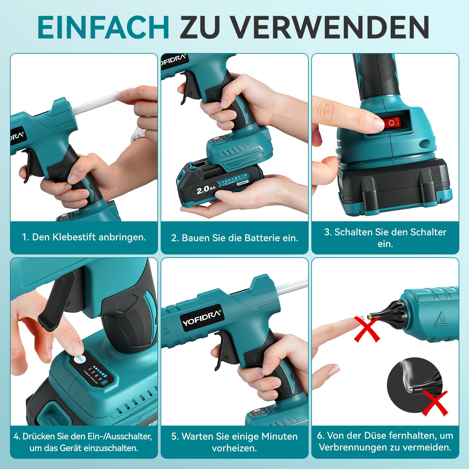Yofidra 100W Akku Heißklebepistole Kabellos - Heissklebepistole mit 10 Klebesticks(11mm), 2 2.0Ah Akku und und Ladegerät, Schnell Aufheizung, Ideal für DIY, Reparaturen und Basteln, Blau