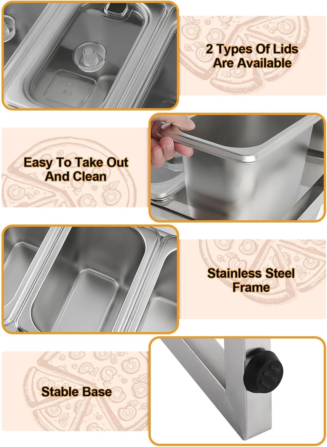 Lanstics Pizza Topping Station 8 Pans Pizza Storage Container Topping containers with Lids Spoon Condiment Organizers Buffet Containers Set for Restaurant Pizza Sauce Jam Fruit Ingredient