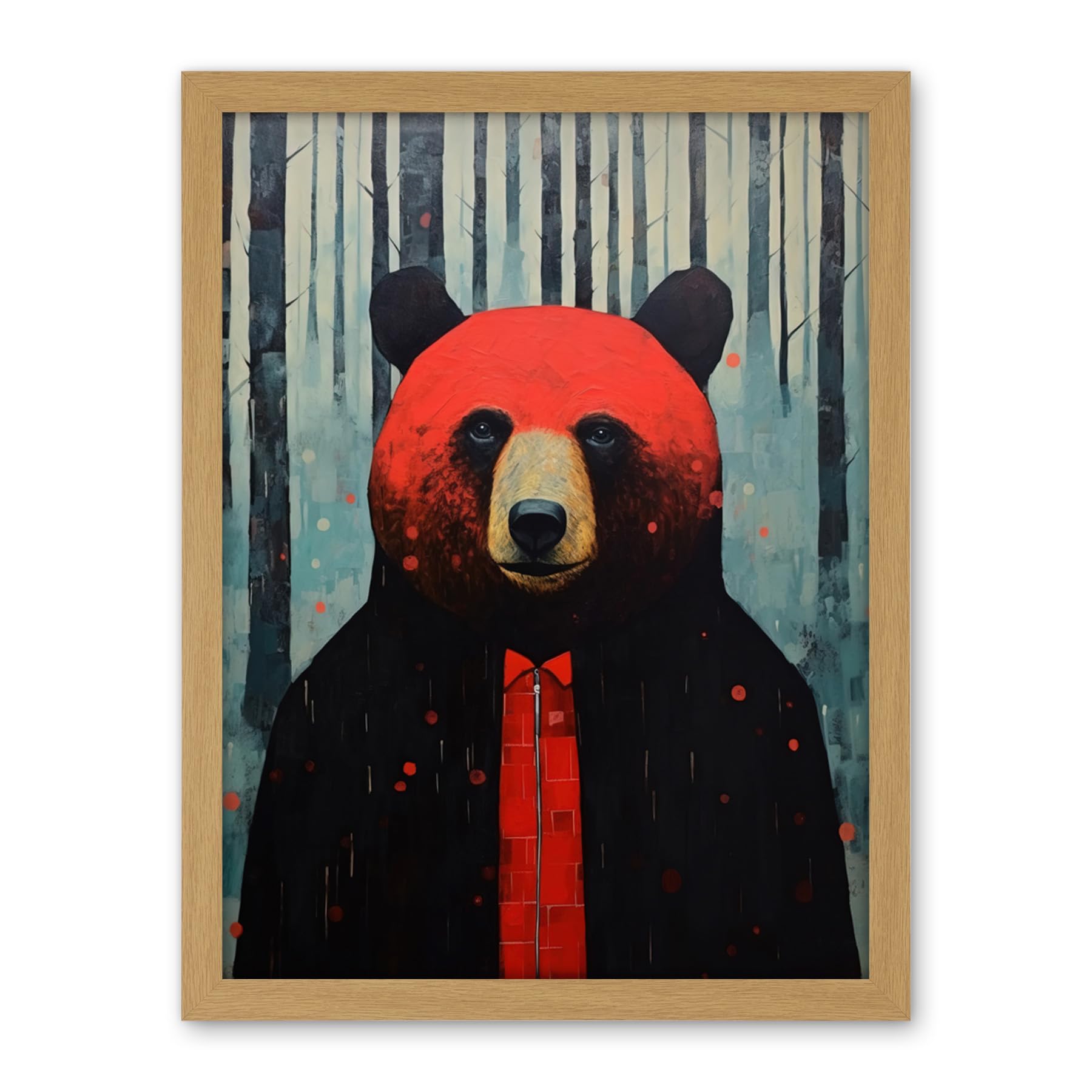 Artery8 Hipster Red Bear Artwork Oil Painting Black Blue Artwork Forest Trees Artwork Framed Wall Art Print 18X24 Inch
