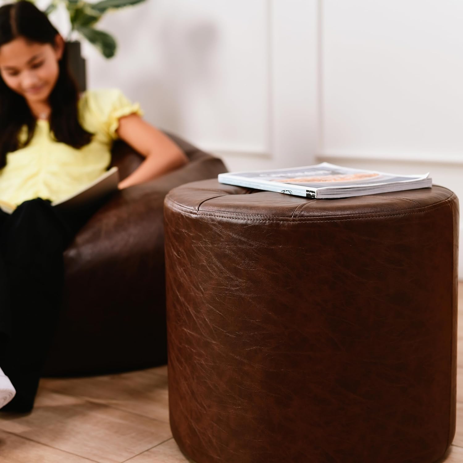 Factory Direct Partners Tufted Square Accent Ottoman; Distressed Faux Leather, Hand Upholstered Commercial-Grade Furniture for Home or Office; Seating, Footstool, Side Table Use - Hazelnut, 13381-322