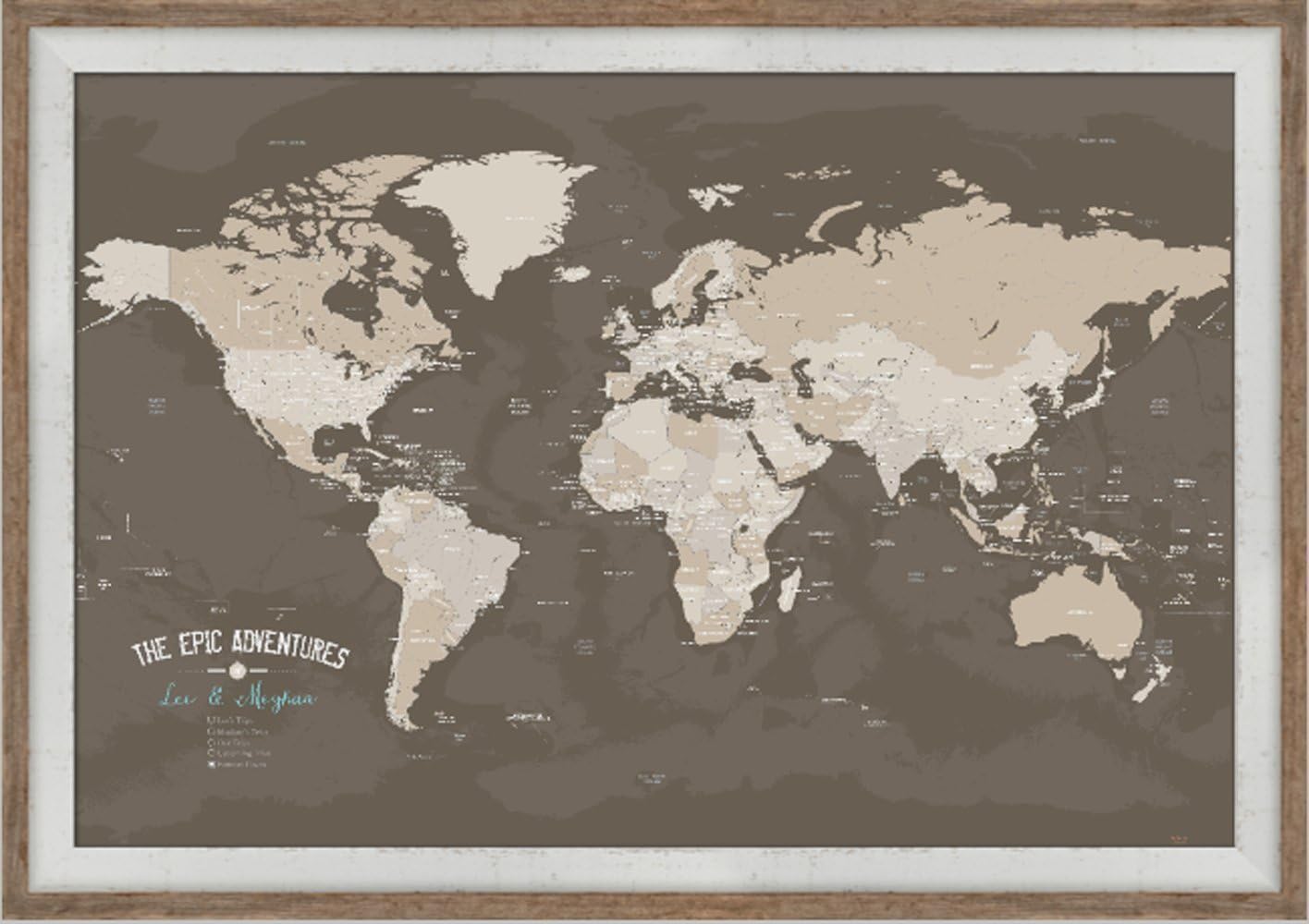 Framed World Map, World Travel, Adventure map, paper gift for traveler, 24x36 inches, Personalized