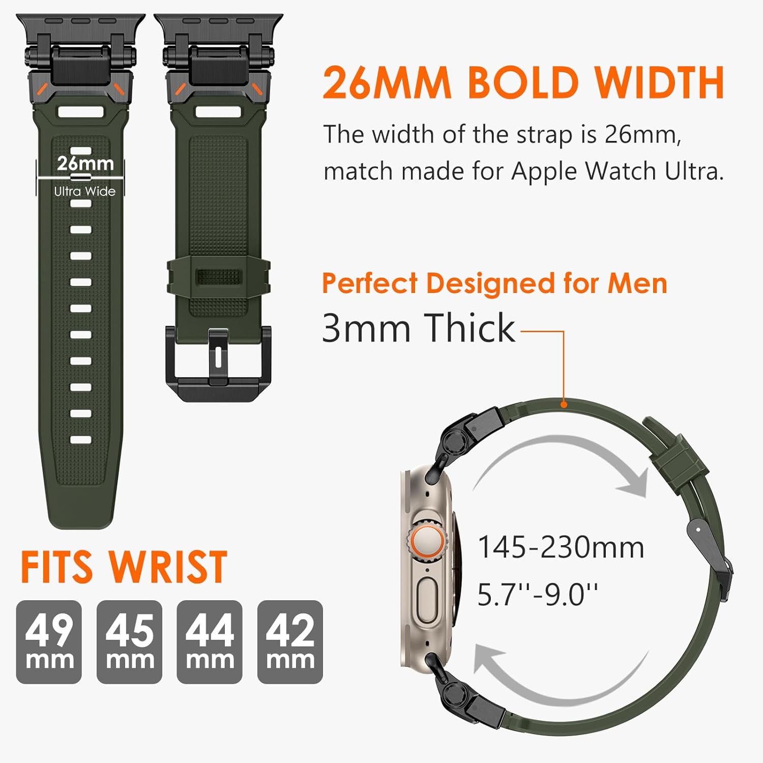 FULLIFE Designed for Apple Watch Band Apple Watch Ultra 3/2/1 49mm for Men, Silicone Rubber Bands with Metal Connector for Apple Watch Series 11/10 46mm, 9/8/7 45mm, SE2/SE 6/5/4 44mm, 3/2/1 42mm - Image 3